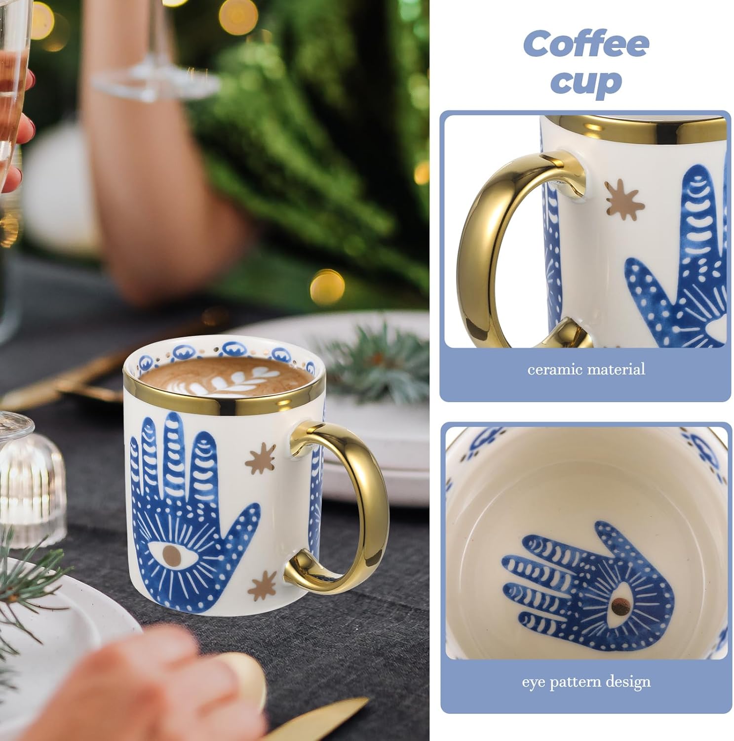 Evil Eye Ceramics Coffee Mugs 12oz Perfect for Cappuccino Latte Tea Beer Hot and cold drinks, Coffee Cups for home and office, Dishwasher Safe (Palm) - Image 4