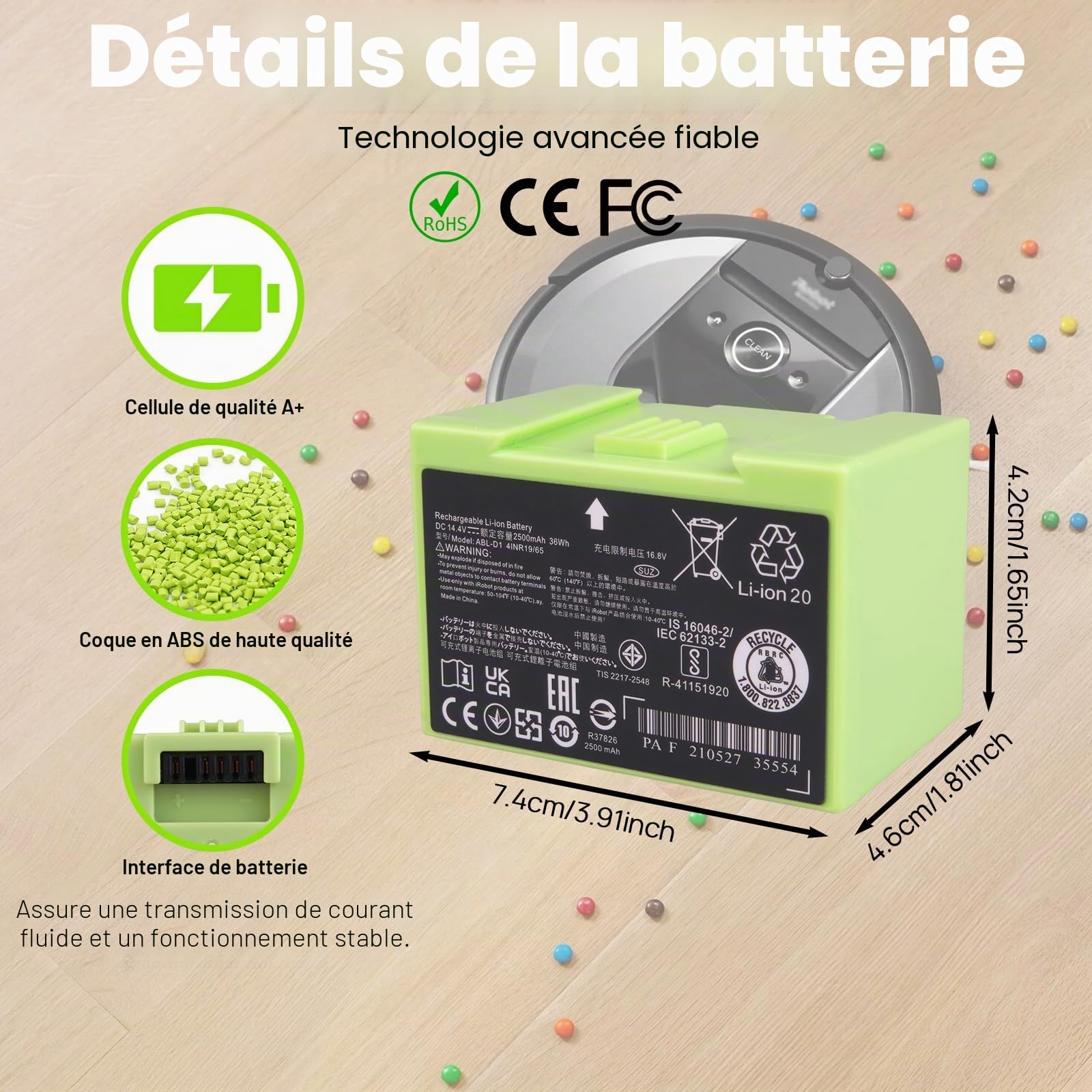 2500mAh Batterie ABL-D1 Compatible avec iRobot Roomba Séries e et i, i8 i8+ i7 i7+ i4 i4+ i3 i3+ i6 e5 e6 J7 7150 7156 7158 7558 3150 3158 3550 e5150 e5152 e6198, ABL-D2 [14,4 V 36 Wh]
