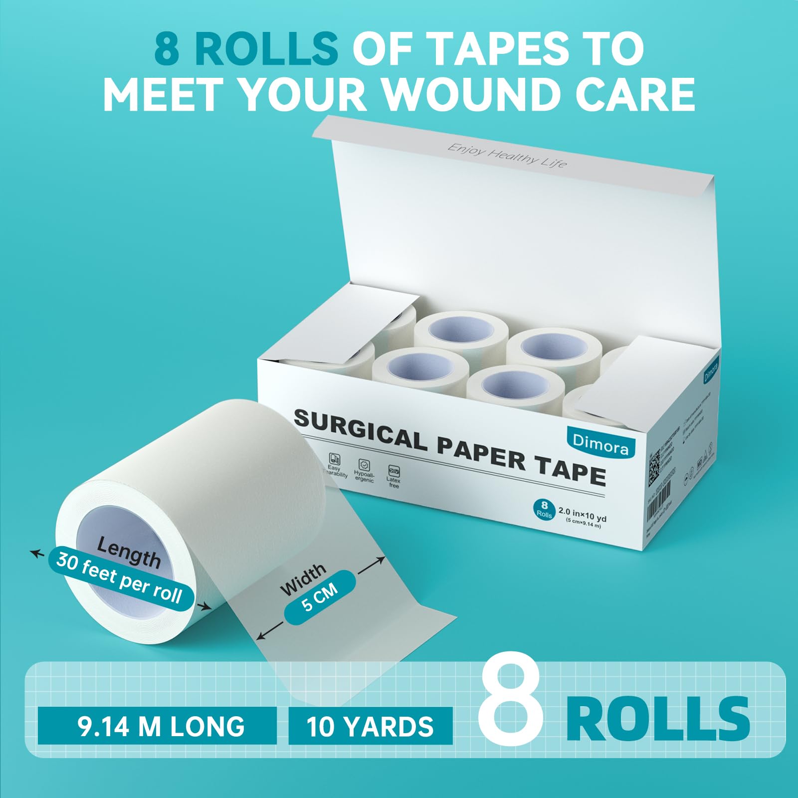 Dimora Nastro medico di carta, 8 rotoli, nastro chirurgico bianco ipoallergenico per pelli sensibili, nastro traspirante di primo soccorso con rimozione senza dolore, protegge medicazioni e