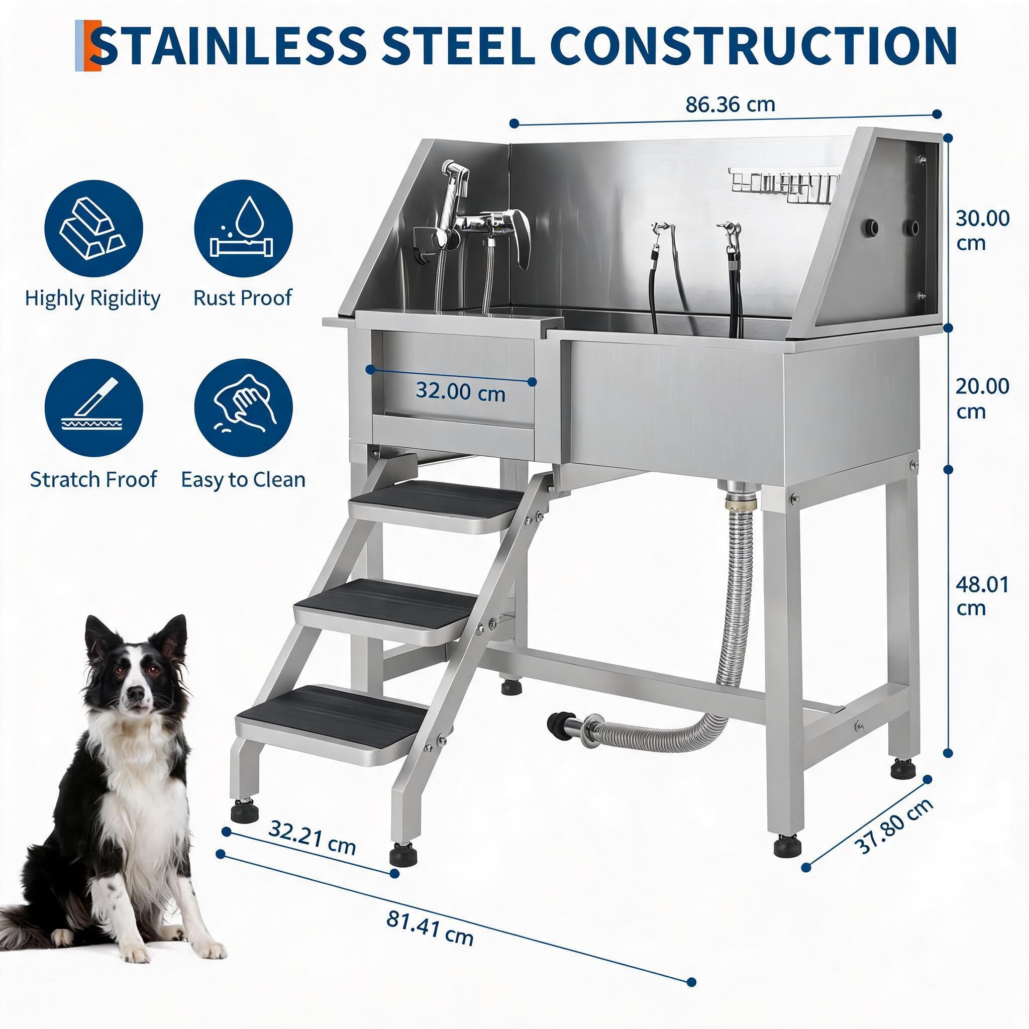 Garvee Bañera Profesional para Aseo de Perros de Acero Inoxidable, Puerta corredera Izquierda, Rejilla Antideslizante Ajustable, Escalera, Grifo y Ducha, Acabado Pulido Plateado, 86,36 x 37,8 x 98,01
