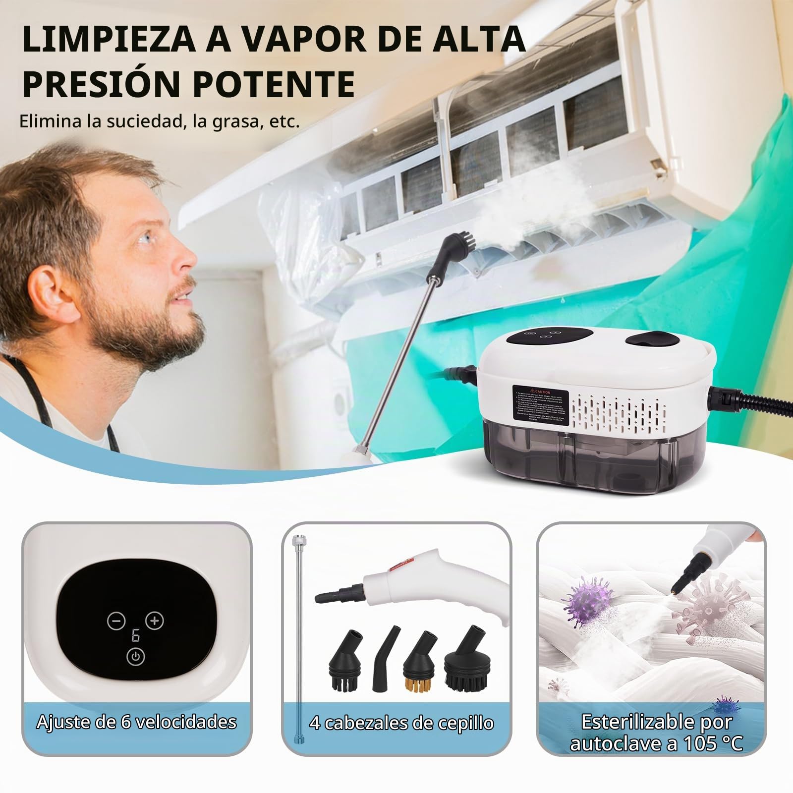 Vaporeta Limpieza Hogar 2500W, Limpiador a Vapor 1100ML, Temperatura 6 Velocidades Ajustables 5 Accesorios para Muebles de Cocina Baño Coche
