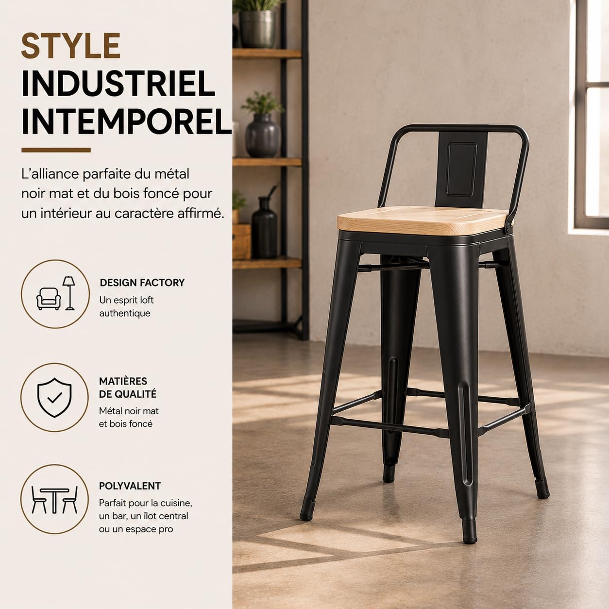 Kosmi Lot de 4 Tabourets de Bar Industriels Hauteur 76 cm avec Dossier – Métal Noir Mat et Assise Bois Clair Naturel – Chaises de Bar pour Îlot de Cuisine, Snack, Mange-Debout, Restaurant