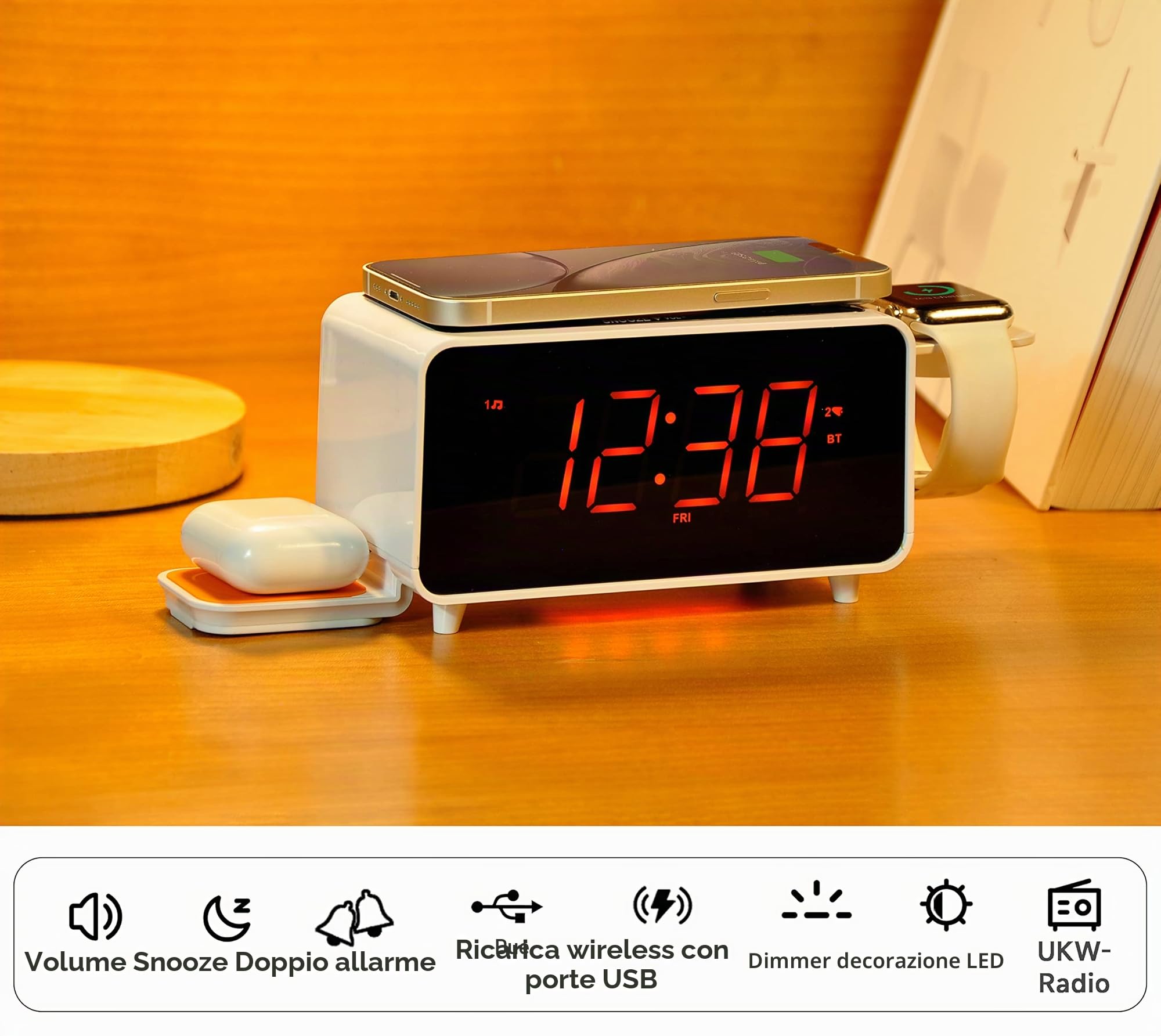 Radiosveglia, Caricabatterie Wireless Bluetooth 15 Watt, Porta USB, Doppia Sveglia Dock di Ricarica, Snooze, Sveglia Digitale Dimmerabile, Display da 1,4 Pollici Luce Notturna Led Arancio iTOMA CKS209