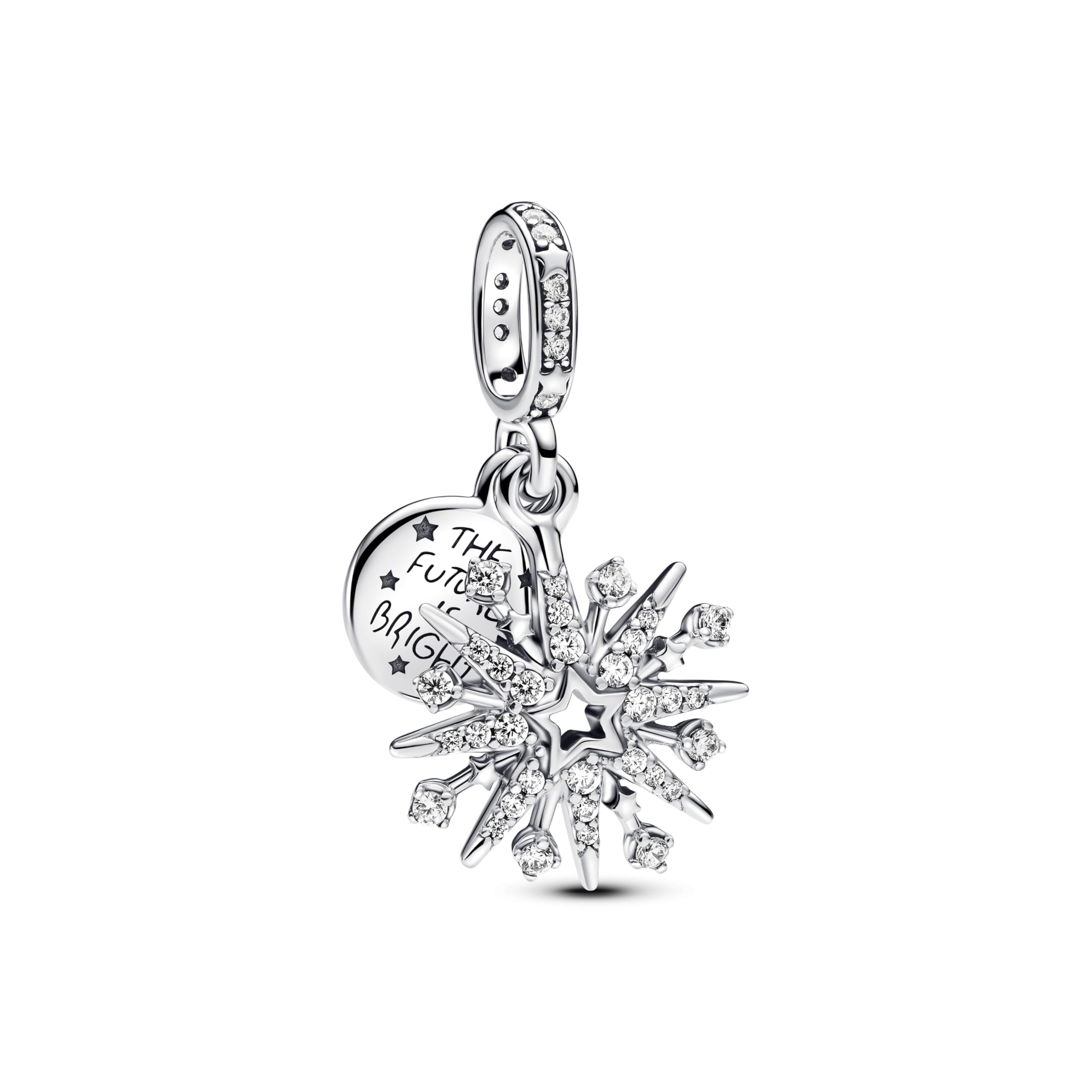 PANDORA Moments 793512C01 Breloque double en argent sterling avec motif de feu d'artifice scintillant avec zircone, compatible avec les bracelets Moments et ME, Klar, Argent sterling, Zircone cubique