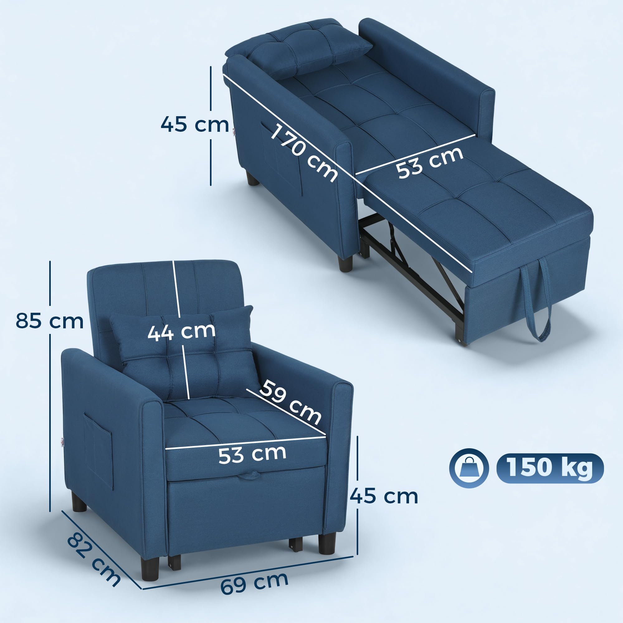 HOMCOM Poltrona Letto Singolo 3 in 1 con Schienale Reclinabile su 3 Livelli, 2 Ruote, Cuscino, Divano Letto Singolo Pieghevole in Tessuto Effetto Lino e Legno, 69x82x85cm, Blu