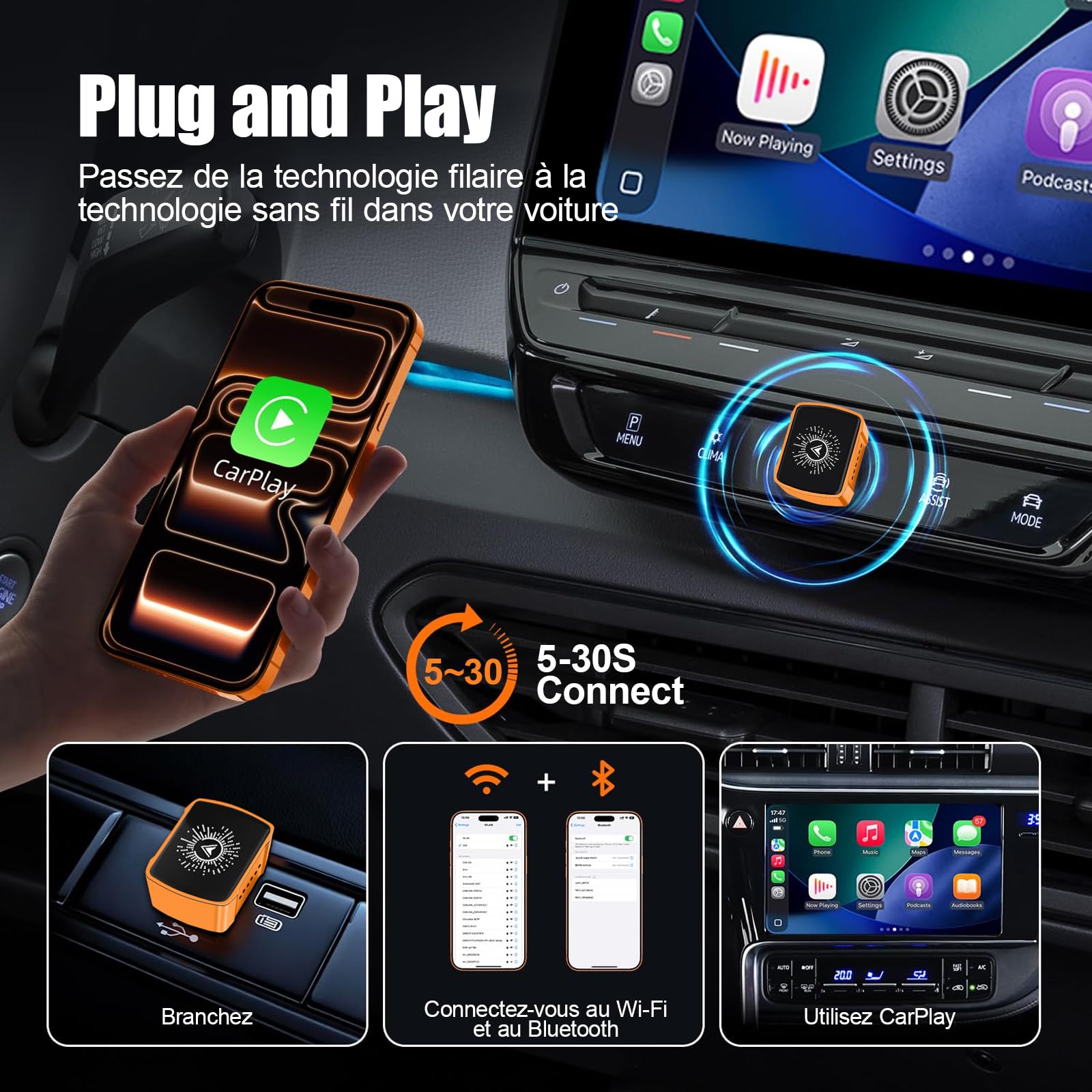 2026 Bezprzewodowy adapter CarPlay z czterordzeniowym procesorem 5G bez opóźnień. Gotowy do użycia adapter CarPlay z funkcją przewodowo-bezprzewodową, szybkie i stabilne połączenie