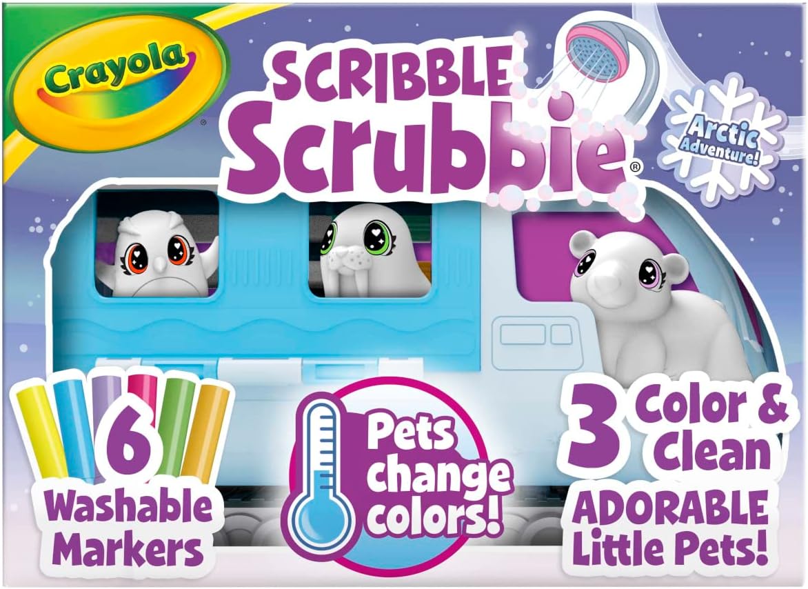 Crayola Scribble Scrubbie Pets Arctic Snow Explorer, Color-Change Flocked Pets, Washable Markers, Snowboards, Tubs, Scrub Brush, Reusable Creative Playset, Draw-On Fuzzy Animals, Gift for kids Ages 3+