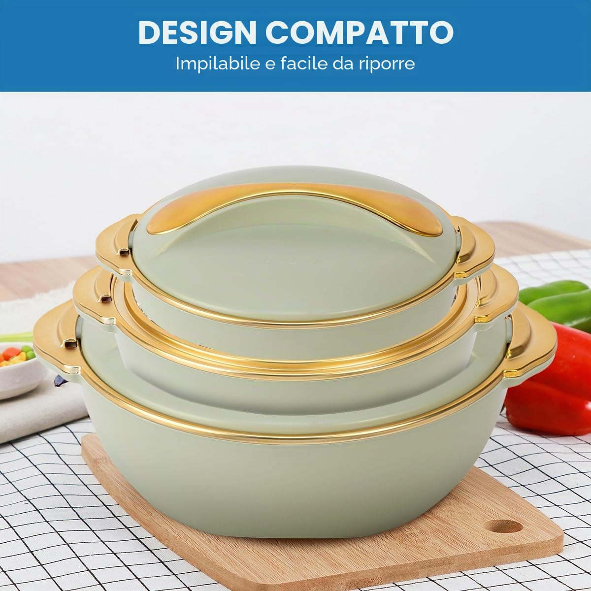 Pinnacle - Set di 3 casseruole isolate con coperchio, 3/2/1 litro, scaldavivande termiche per zuppa/insalata, con coperchio, in acciaio inox, set regalo per la mamma