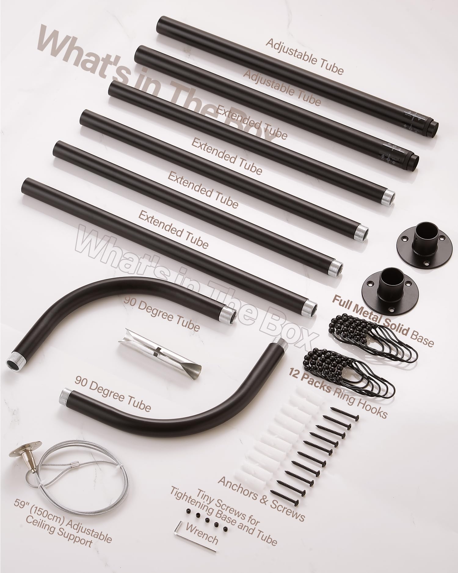 Barra de Ducha en Forma de U para Esquina, Ajustable [Lados: 60-132 cm, Centro: 79-119 cm] - Barra de Ducha de Tubo Grueso con 12 Ganchos y Soporte de Techo para Baño e Exteriores, Negro Mate