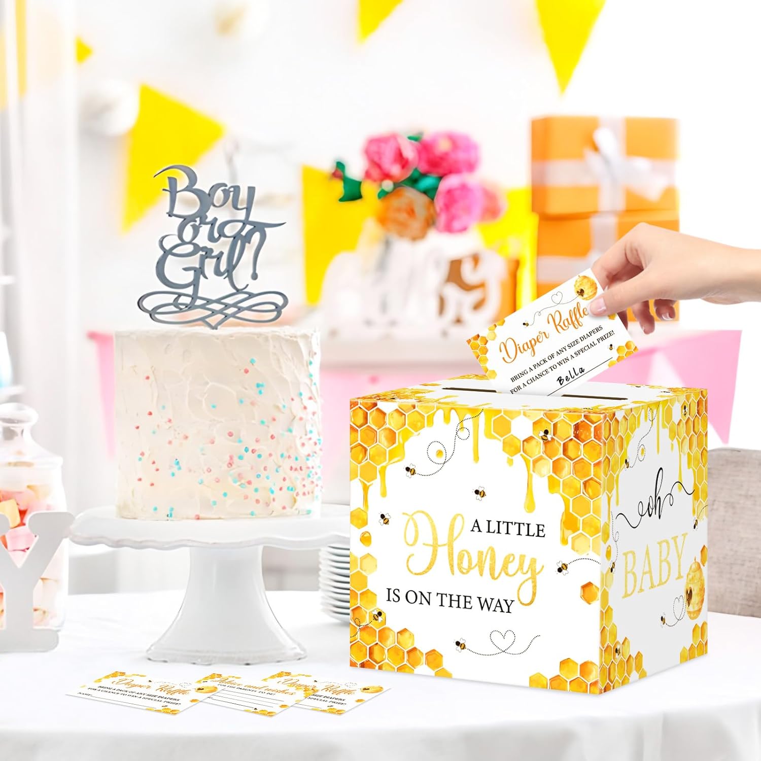 LANLISA Bee Theme Baby Shower Games, A Little Honey Baby is On The Way Diaper Raffle Card Box with Tickets for Baby Shower Decorations