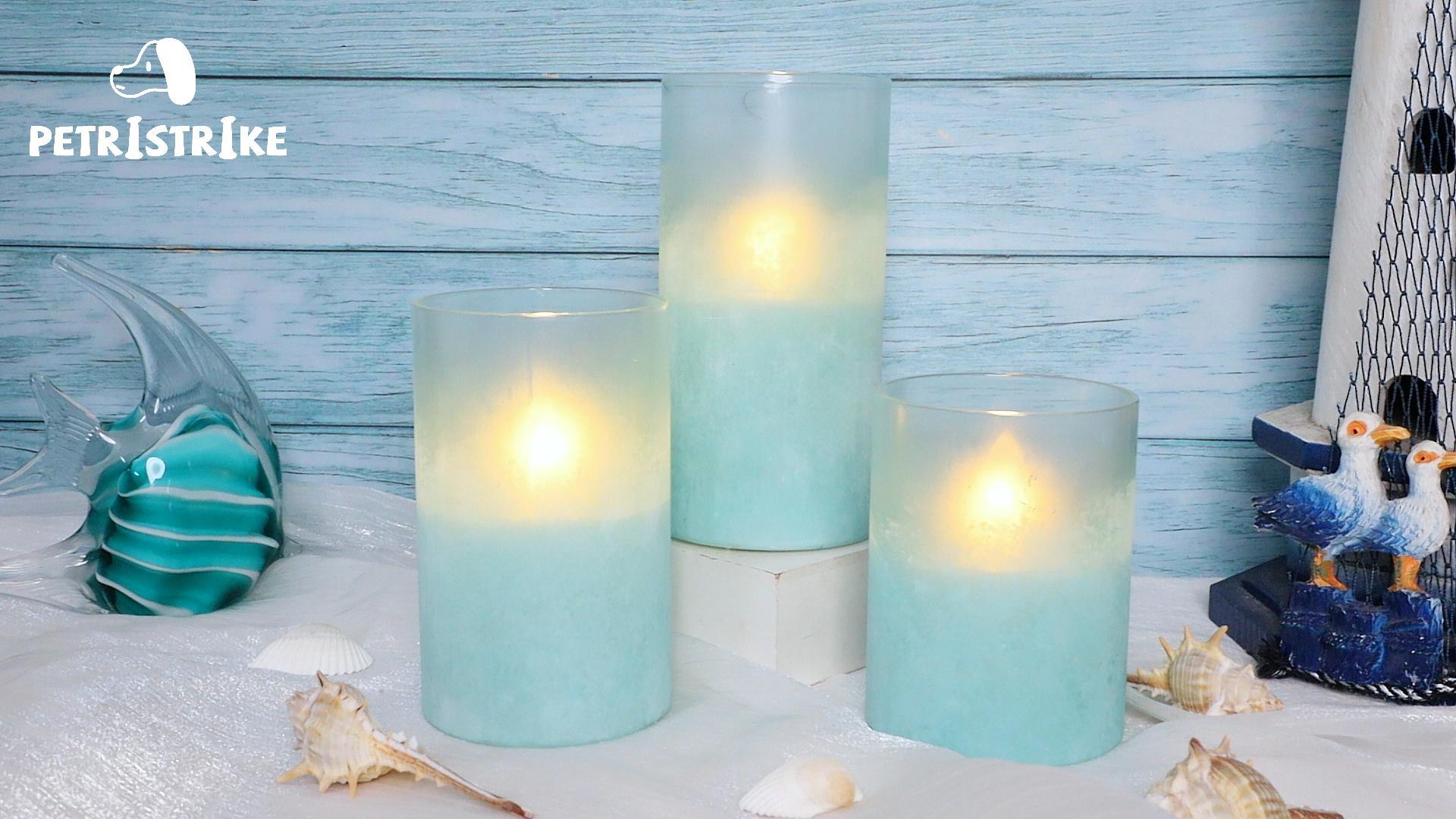 Image of Glass Flameless Candles with Timer, Battery Operated Flickering Led Pillar Candles, Turquoise Candles for Home Decorations, Centerpiece, Nautical Theme Party