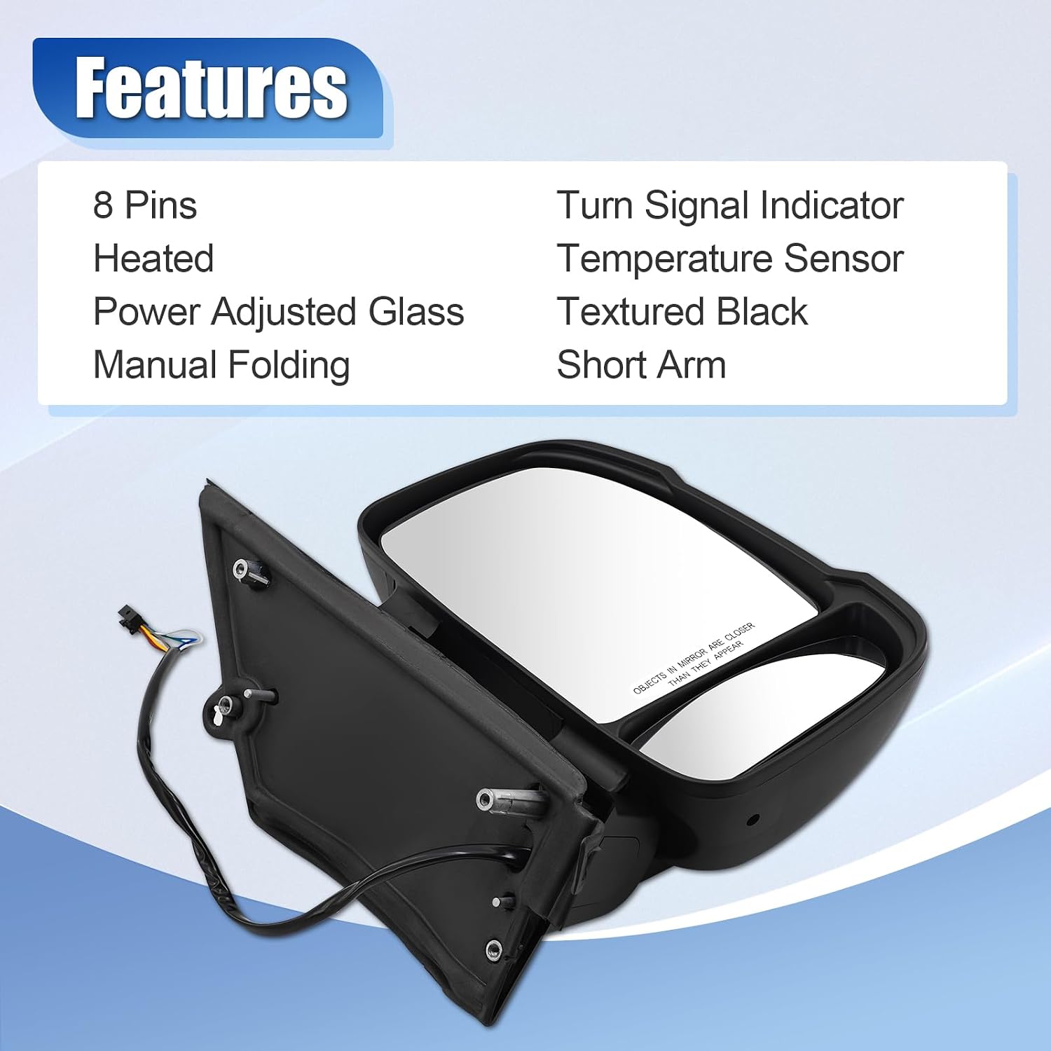 CH1321417 8 Pins Right Passenger Side Mirror compatible with Dodge Ram Promaster 1500 2500 3500 2014-2024 with Heated Turn Signal Light Temperature Sensor Power Glass Short Arm
