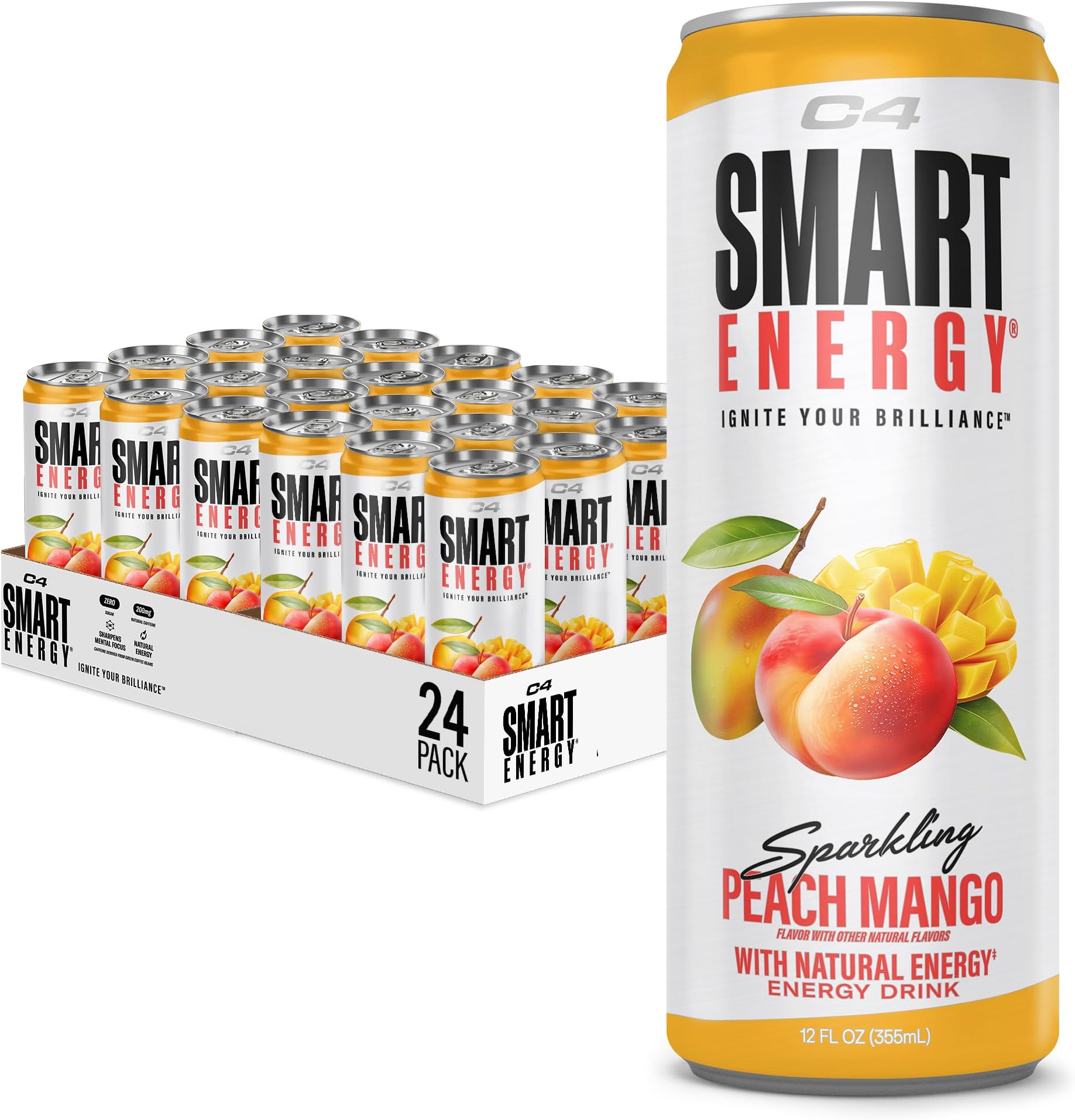 C4 Smart Energy Drink - Sugar Free Performance Fuel & Nootropic Brain Booster, Coffee Substitute or Alternative | Peach Mango Nectar 12 Oz - 24 Pack