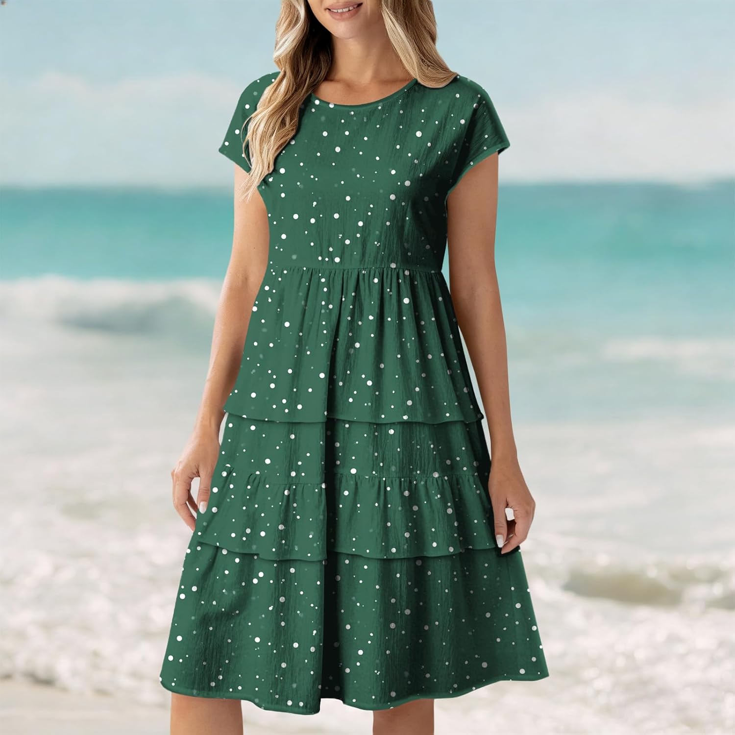 Floral Print Layered Midi Dress for Women Short Sleeve Crew Neck Flowy Loose Fit Spring Casual Dresses - Image 2