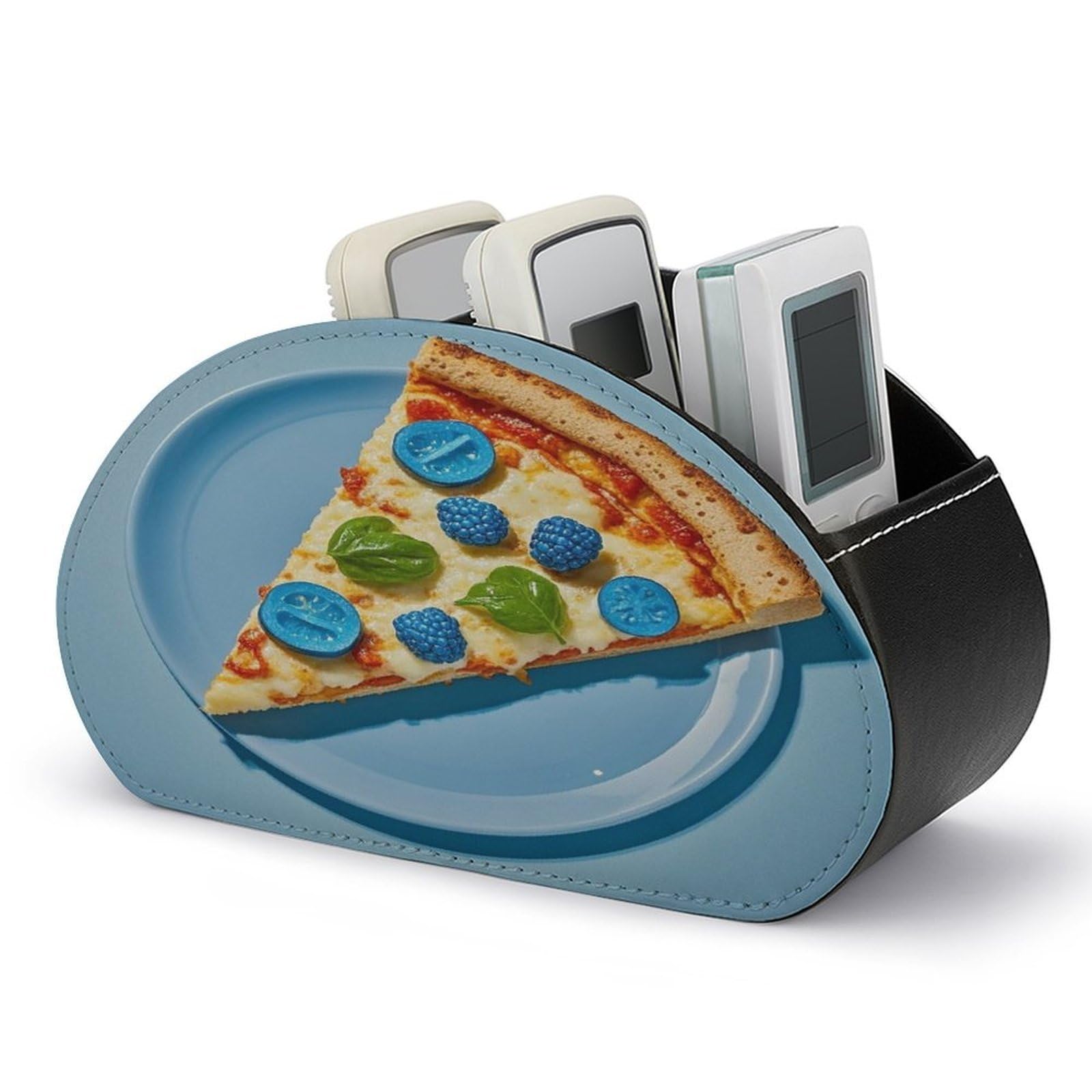 FekiLoot Light Blue Pizza Slice Remote Control Holder PU Leather Tabletop Organizer with 5 Compartments Storage Tray & Desktop Organizer for TV Remotes Glasses Pens