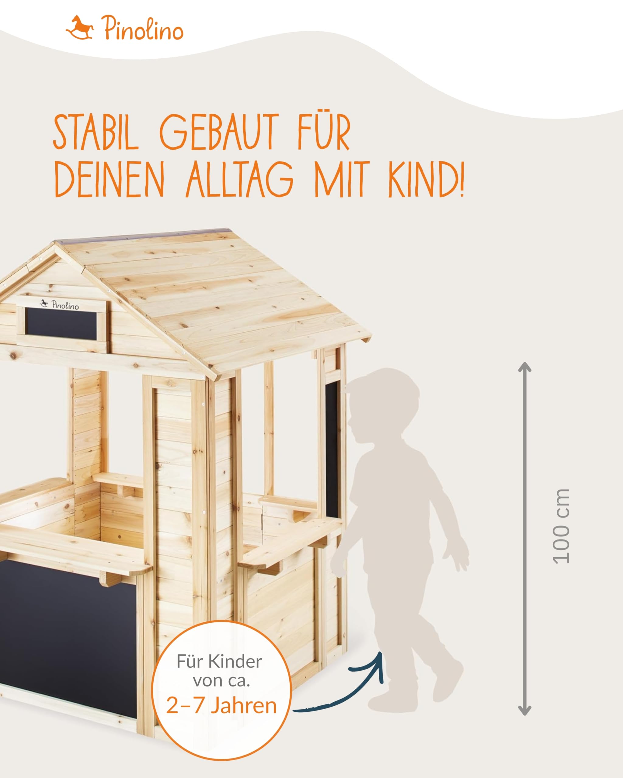 PINOLINO Outdoor Spielhaus Knut aus Massivholz I Kinder Gartenhaus mit Drehtür, 5 Ablagen & 2 Blumenkästen I Spielhaus mit 4 Kreidetafeln für Garten & Terrasse I 116 x 104 x 137 cm