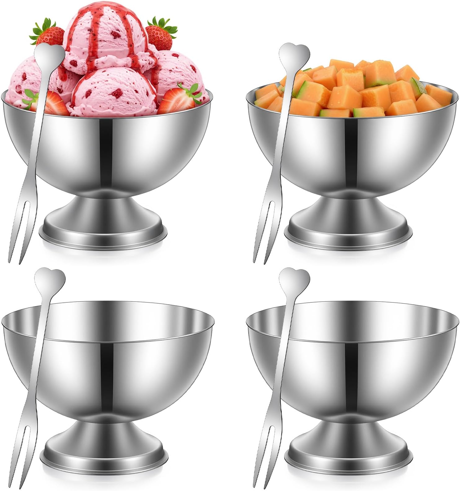 4 Pcs Stainless Steel Dessert Cup Ice Cream Bowls with 4 fork, 7 Oz Footed Metal Small Cute Sundae Bowl Dessert Glasses Sauce Cups Pasta Salad Mug Parfait Bowl Yogurt Snack Candy Dishes