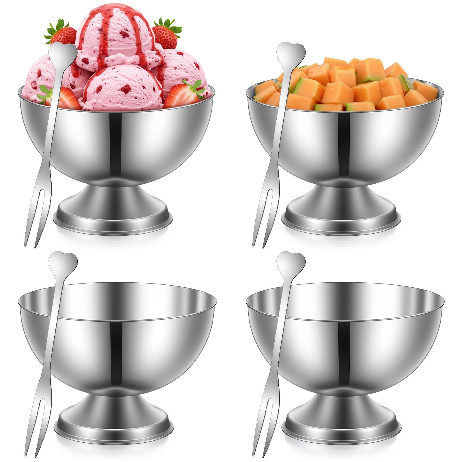4 Pcs Stainless Steel Dessert Cup Ice Cream Bowls with 4 fork, 7 Oz Footed Metal Small Cute Sundae Bowl Dessert Glasses Sauce Cups Pasta Salad Mug Parfait Bowl Yogurt Snack Candy Dishes
