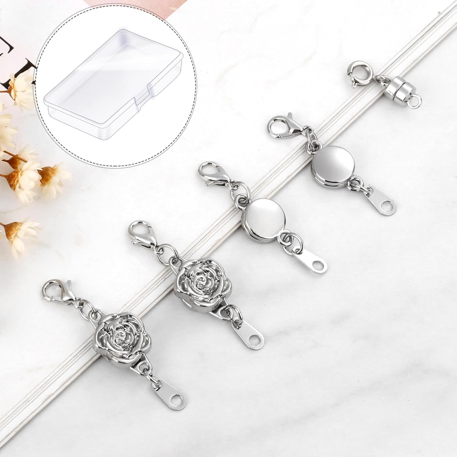 18 Pcs 3 Styles Magnetic Necklace Clasps and Closures, Rose Round Cylindrical Jewelry Magnetic Clasp Connector Locking Magnetic Clasp Bracelet Extender for Jewelry Making (Silver) - Image 7