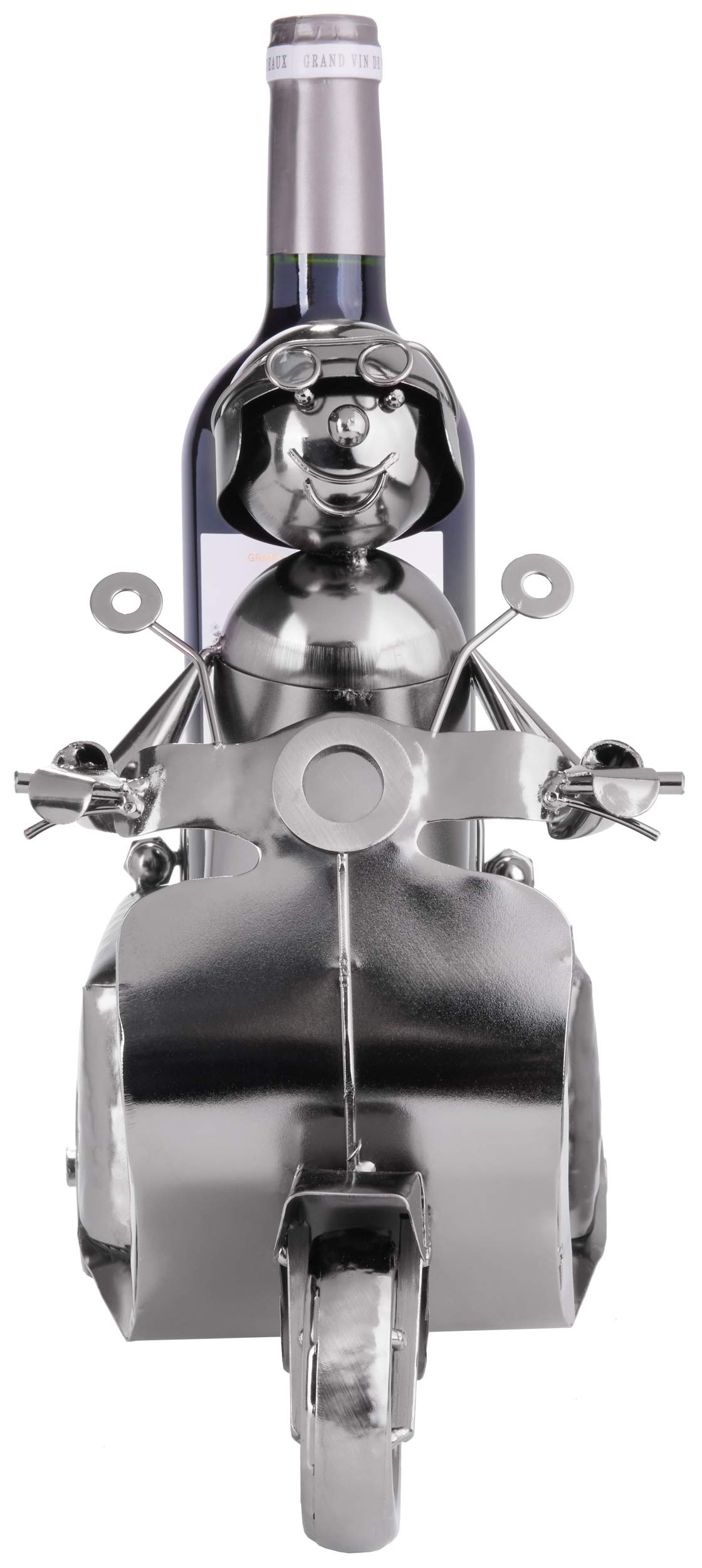 BRUBAKER Wine Bottle Holder Scooter Driver Silver - Metal Sculpture Bottle Stand - 27cm Metal Figure Wine Gift for Scooter Fans - with Greeting Card BRUBAKER Wine Bottle Holder Scooter Driver Silver - Metal Sculpture Bottle Stand - 27cm Metal Figure Wine Gift for Scooter Fans - with Greeting Card