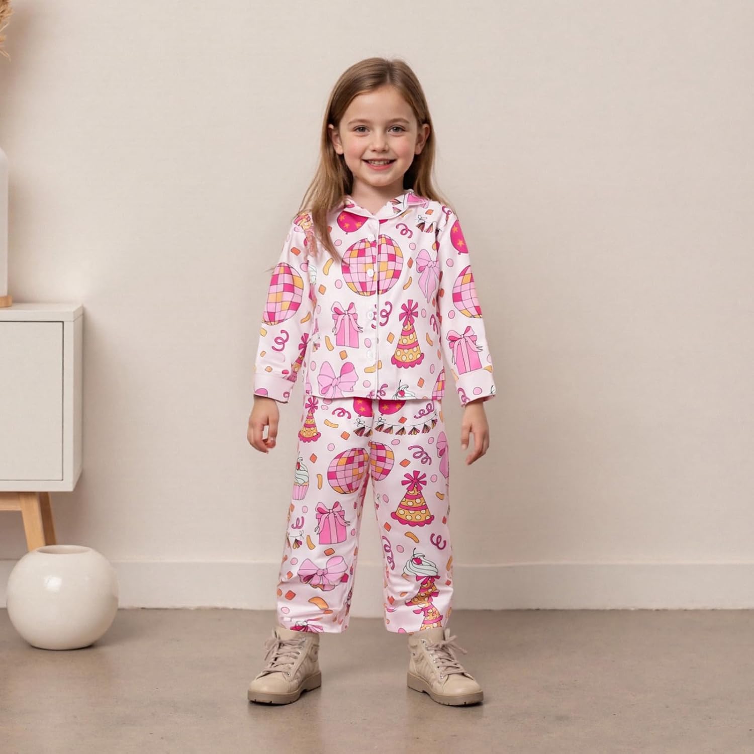 Kuriozud Toddler Kids Little Girls Birthday Satin Silk Pajamas Long Sleeve Button Down Sleepwear Winter Pjs Set Nightgown - Image 3