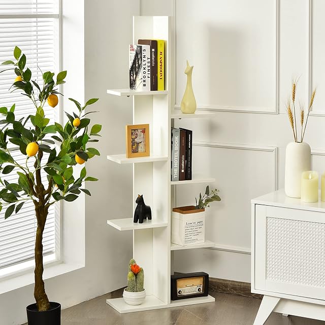 COSTWAY 8/13 Tiers Bookshelf, Floor Standing Tree Shaped Bookcase Magazines Organiser Unit, Home Office Living Room Storage Rack Display Stand (White, 50 x 20 x 141cm)