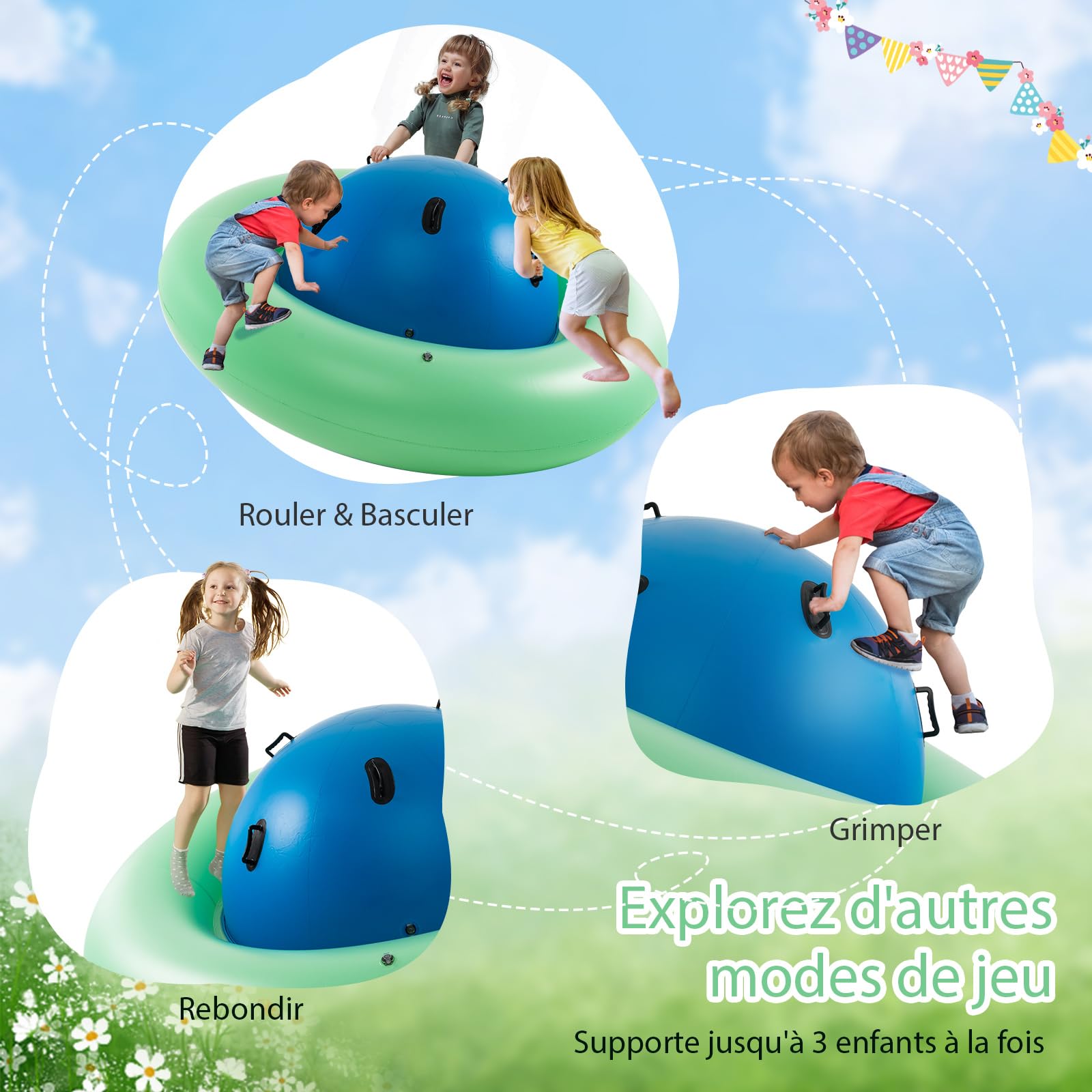COSTWAY Balle Gonflable Enfants Ø233cm avec 6 Poignées, Château Gonfable en PVC avec Surface Élastique, Balle Rebondissante Intérieur Extérieur pour 3 Enfants de 5 Ans+, Charge 113kg (Bleu+Vert)