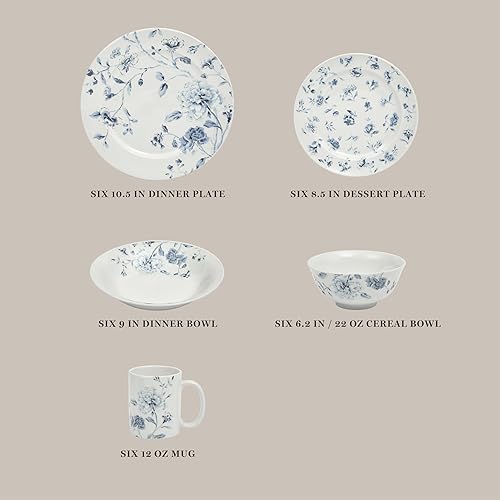 Miniatura 3 de Martha Stewart Empress Bouquet - Juego de platos y cuencos de porcelana decorados, diseño floral azul, servicio para 6 (30 piezas)
