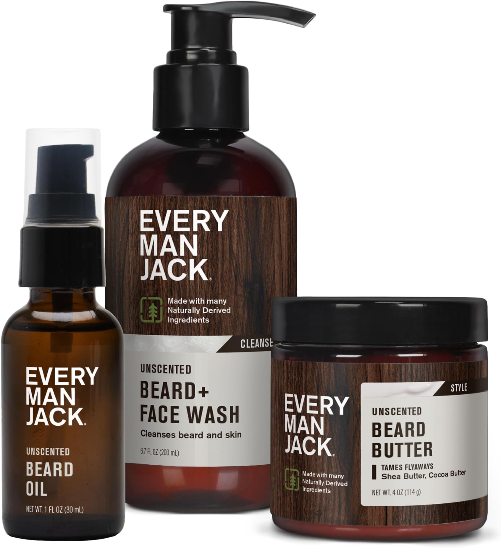 Every Man Jack Unscented Beard Bundle - Fragrance Free for Sensitive Skin - Contains (1) each of Beard & Face Wash, Beard Butter, and Beard Oil