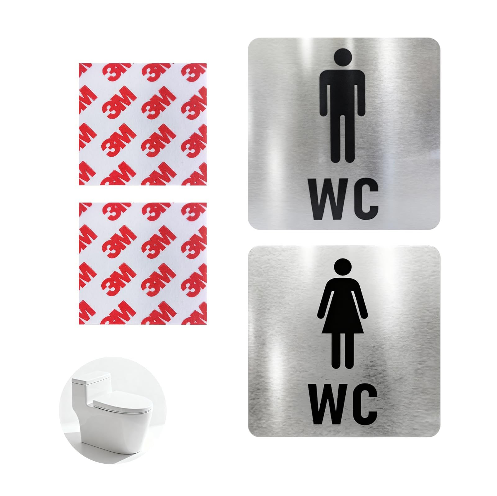 2pcs Simbolos Baño, Placas Cartel WC Acero Inoxidable 12x12 cm – Juego de Carteles Baño Mujer y Hombre – Señalización Resistente con 2 Adhesivos Fuertes 50x50 mm – Instalación Sencilla