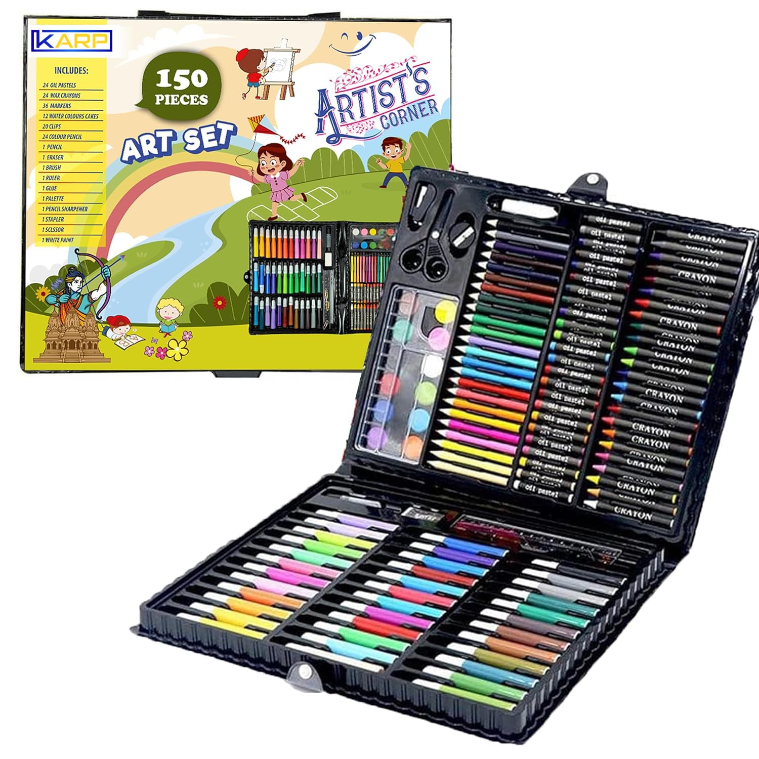 KARP Children Deluxe Art Drawing Set for Kids Case Art and Craft Supplies Drawing and Painting Set Great Gift (150Pcs -Black)