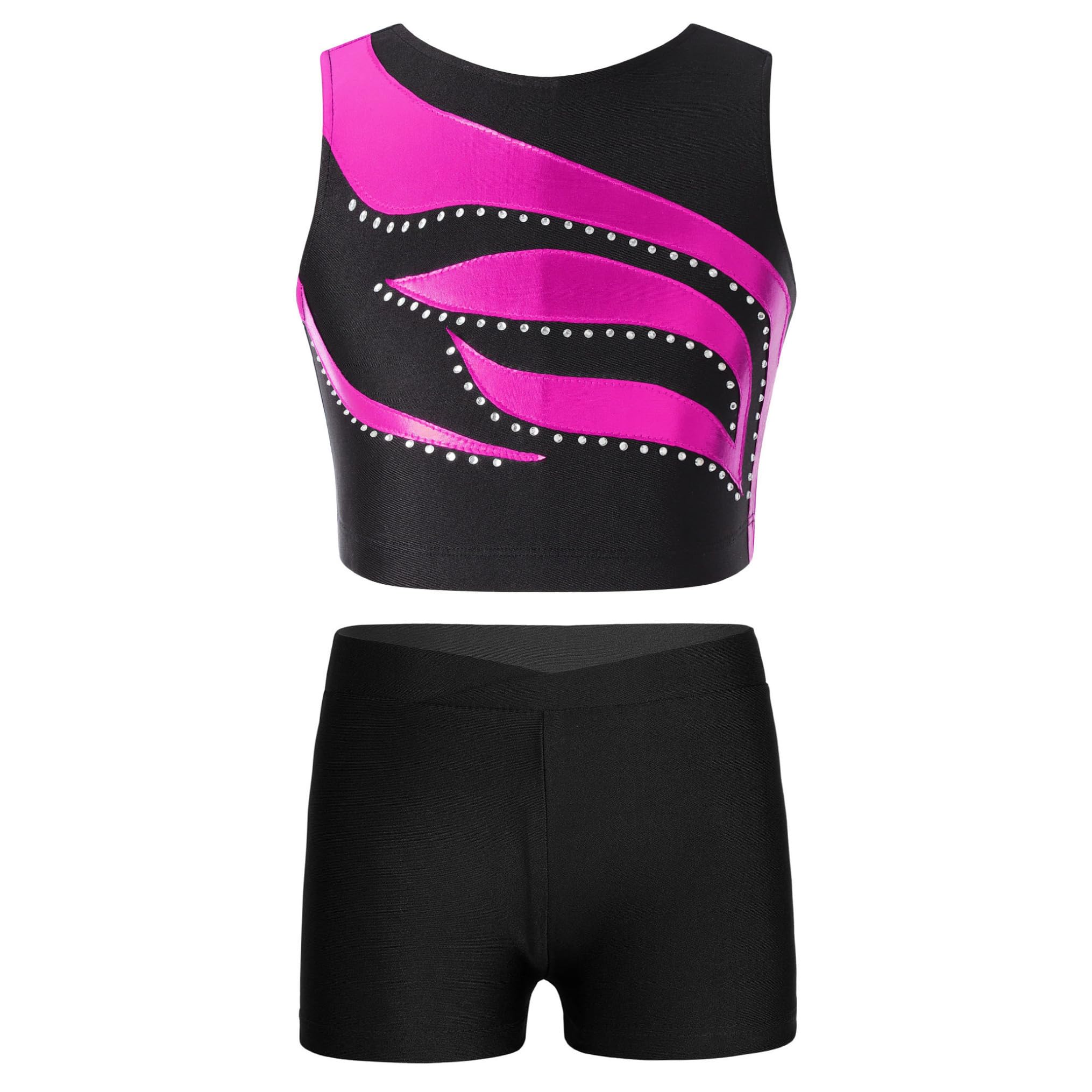 Freebily Tuta Ginnastica Artistica Bambina Crop Top Canottiera Stringer Ragazza Pantaloncini Vita Bassa Elastica Leggins Corti Sportivi Fitness Completo Danza Moderna