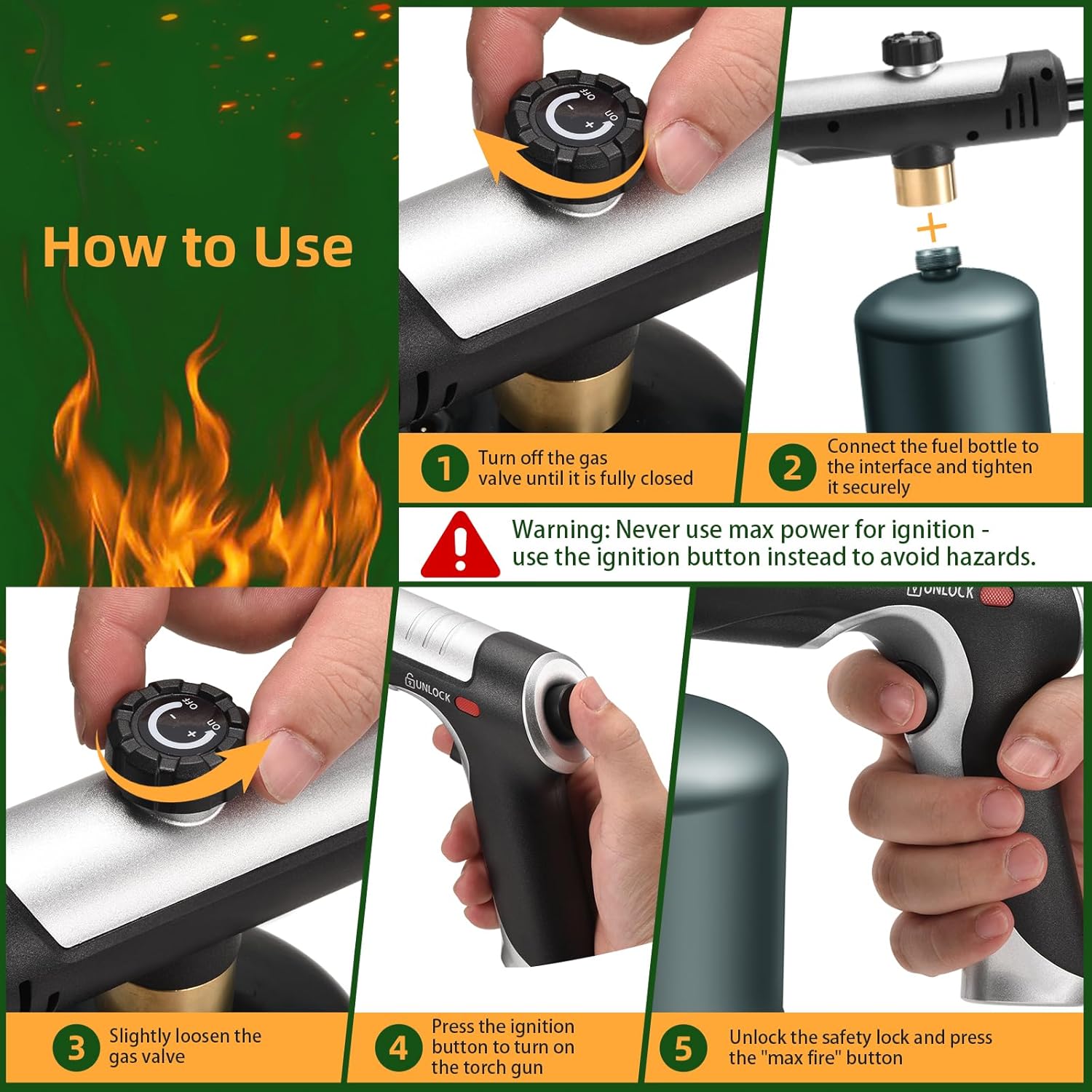 Powerful Propane Torch with One-Touch Max Fire, Adjustable Kitchen Torch with Safety Lock, Flamethrower, Blow Torch Gun for Grill, BBQ, Sous Vide, Campfire Starter (Tank Not Included)