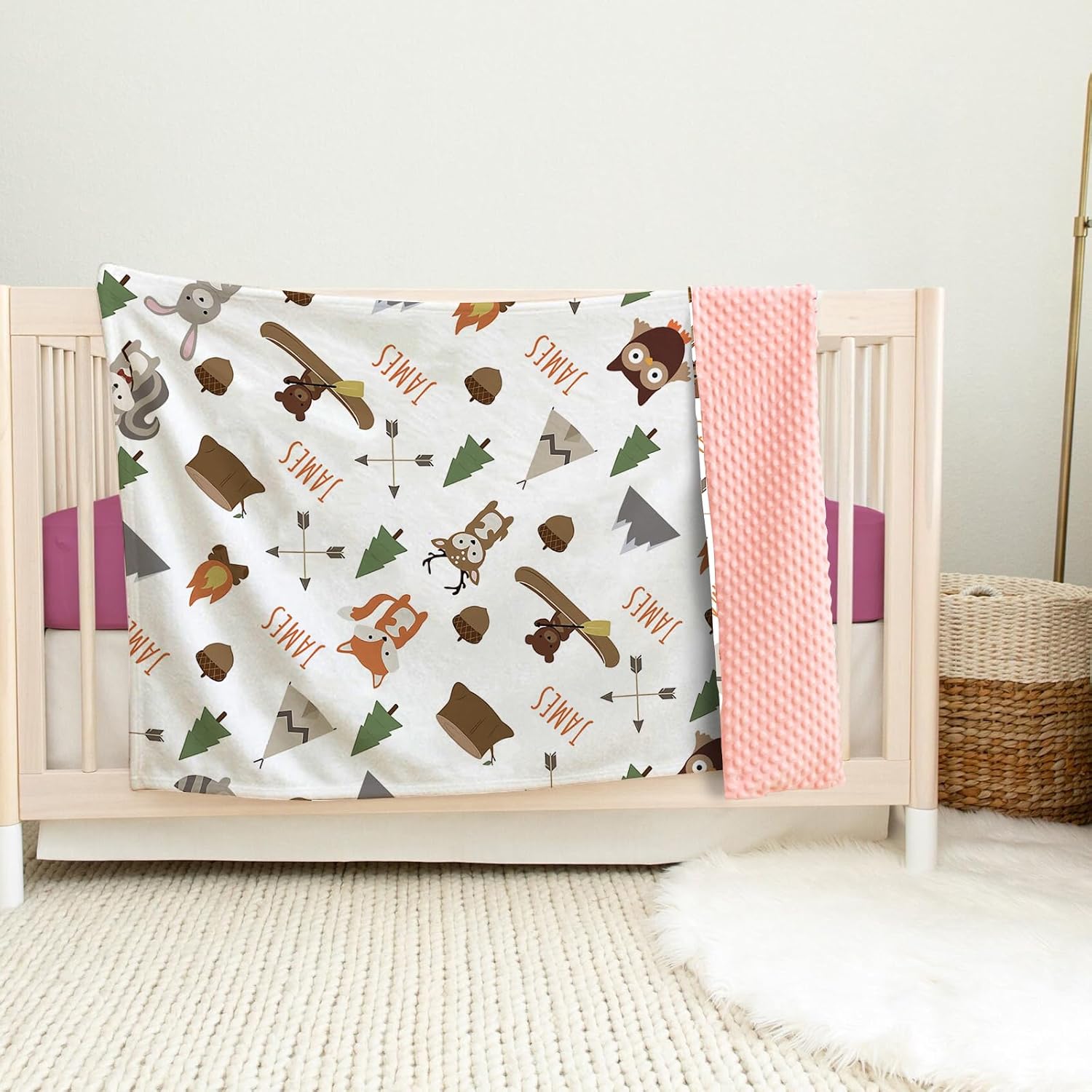 Custom Baby Blanket - Personalized Name with Woodland Animals Design - Soft Plush Blanket with Double Layer Dotted Backing for Boys Girls Gift Color03