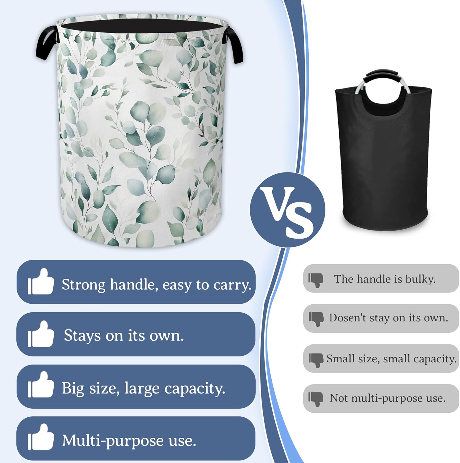 Eucalyptus Spring Botanical Laundry Basket,Foldable Oxford Cloth Laundry Hamper with Handles, 20.8"x16" Tote Bag Clothes Storage Bucket for Laundry Room/Bathroom/Bedroom/Dormitories