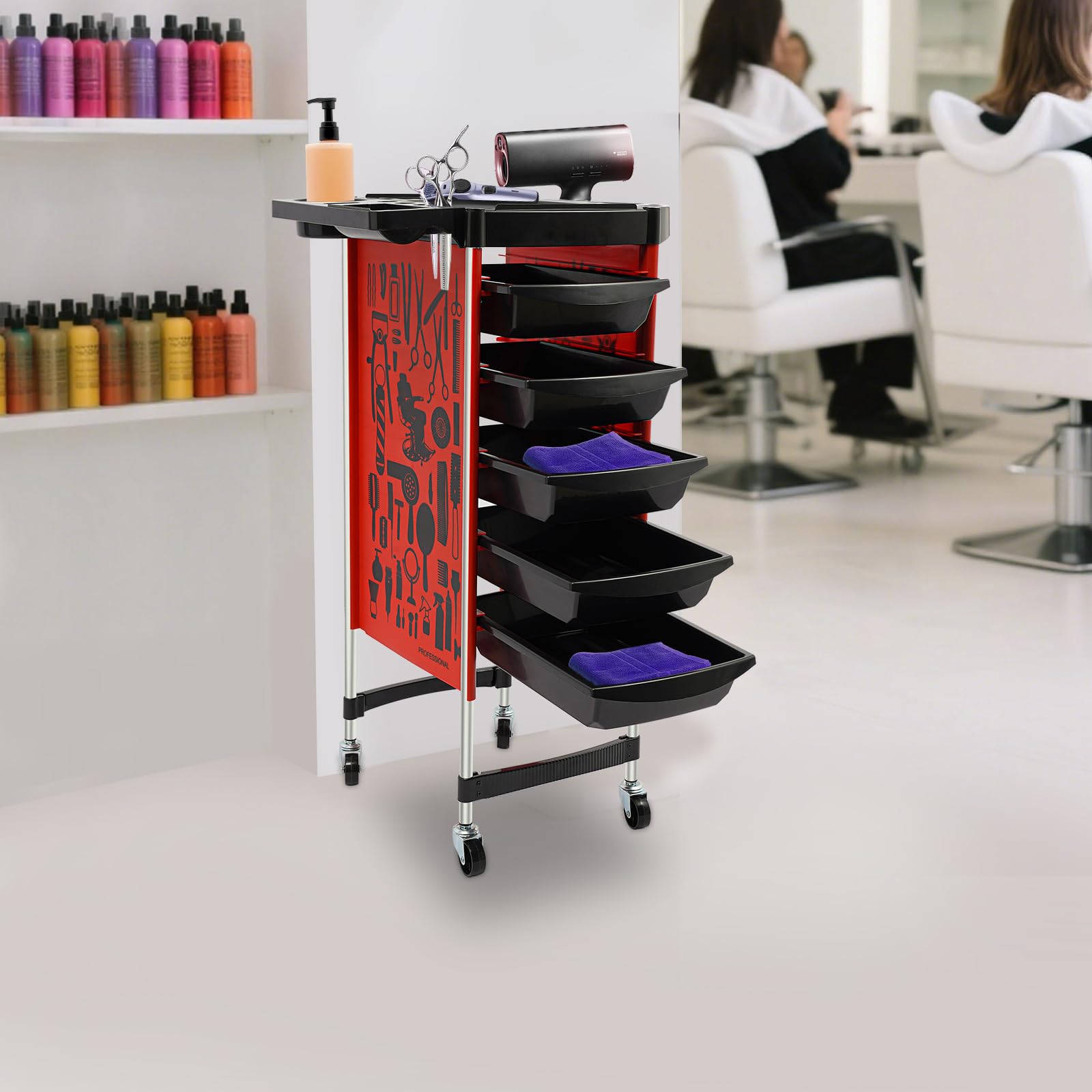 Carrello da parrucchiere con 5 cassetti e 6 ripiani, portata 100 kg, in acciaio inox, per salone e salone di unghie (rosso)