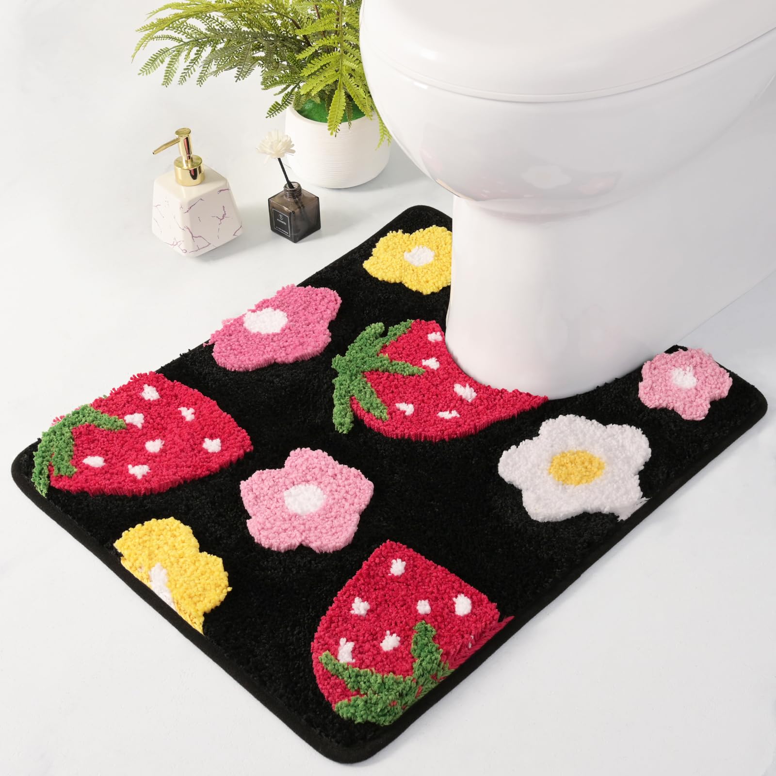 Anybar U-Shaped Toilet Rug 20x20'' - Super Soft Absorbent Bathroom Mat with Cute Strawberry & Flower Design, Non-Slip Quick-Dry Washable Contour Rug