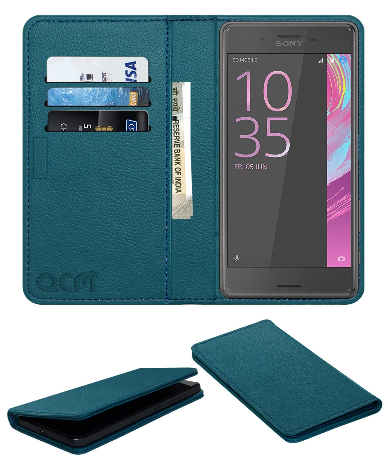 ACM Rich Leather Flip Wallet Front & Back Case Compatible with Sony Xperia X Mobile Flap Magnetic Cover Turquosie