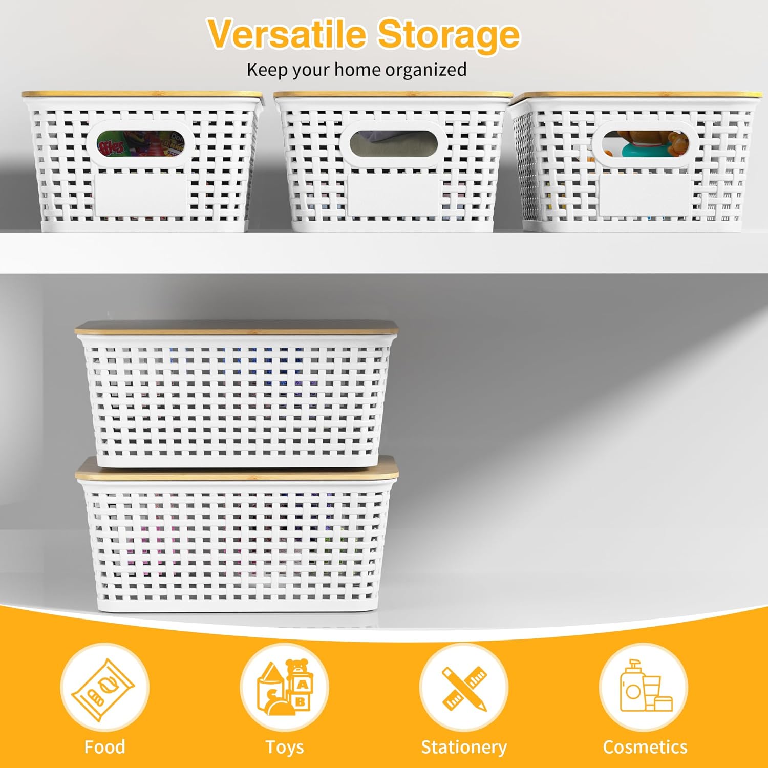 Plastic Storage Baskets with Bamboo Lids and Labels, Stackable Storage Containers, Storage Bins for Organizing Shelves Drawers Desktop Closets Office, 6 Packs-White