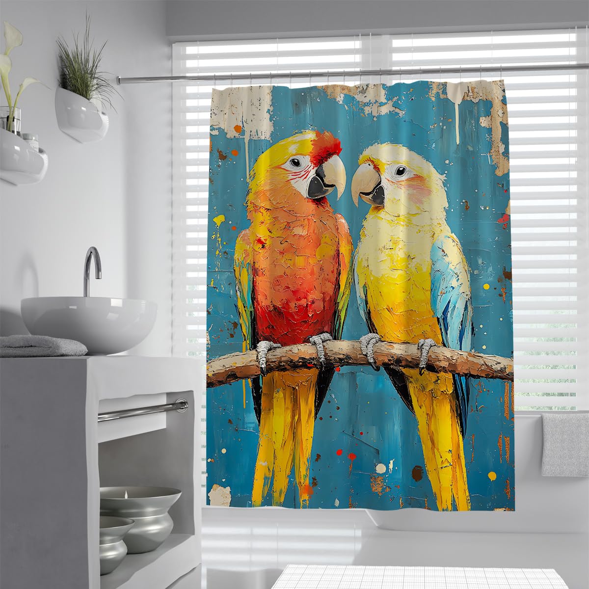 UIRINGART Parrot Bathroom Curtains W180xL220cm Bright Yellow Orange Birds Abstract Blue Background Splatter Art Waterproof Quick Dry Easy Clean Fabric Shower Curtain Bath Decor with Hooks