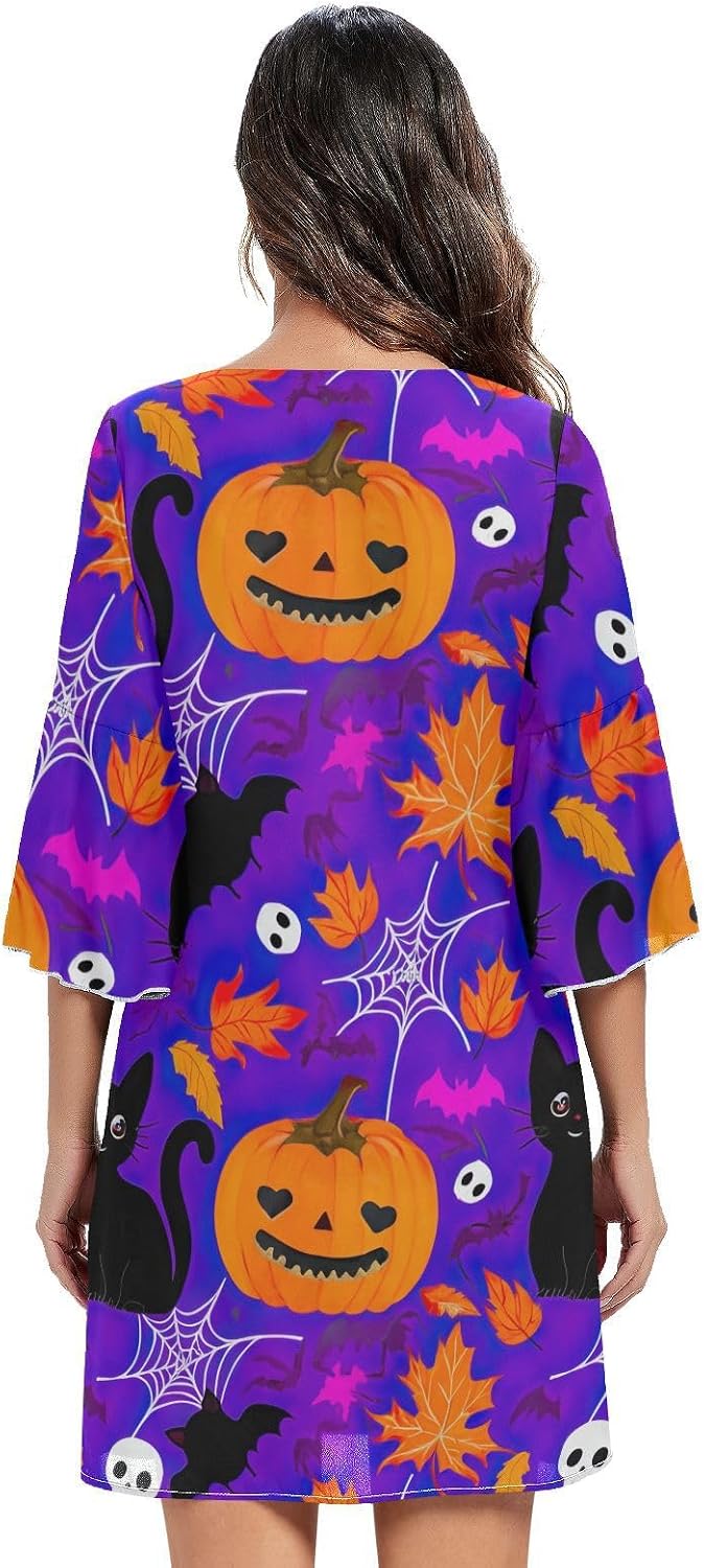 Whimsical Halloween Characters Purple Short Summer Dress Printed Hawaiian Beach Dress S-XXL
