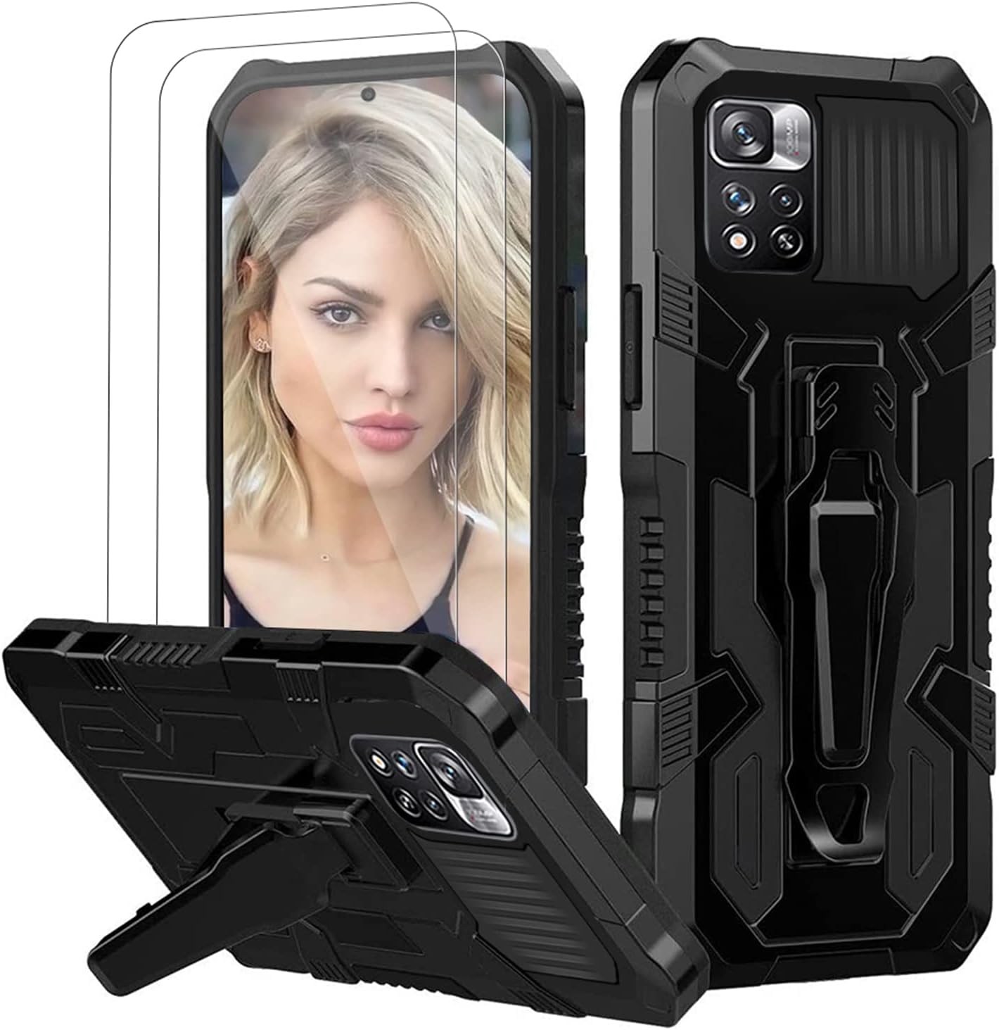 for Redmi Note 11 Pro Case with Tempered Glass Screen Protector [2 Pack] Military Drop Proof Protection Heavy Duty Shockproof TPU Grade Cover with Belt Clip for Xiaomi Redmi Note 11 Pro+Case -Black