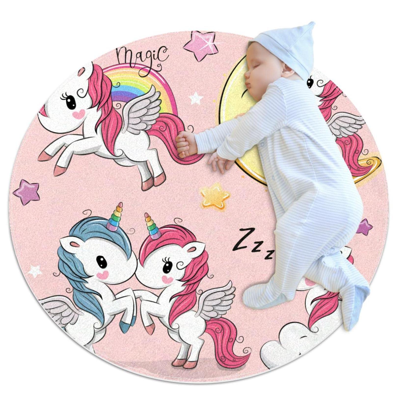 Tapis de jeu enfant licornes roses 80x80cm tapis de sol rond chambre fille