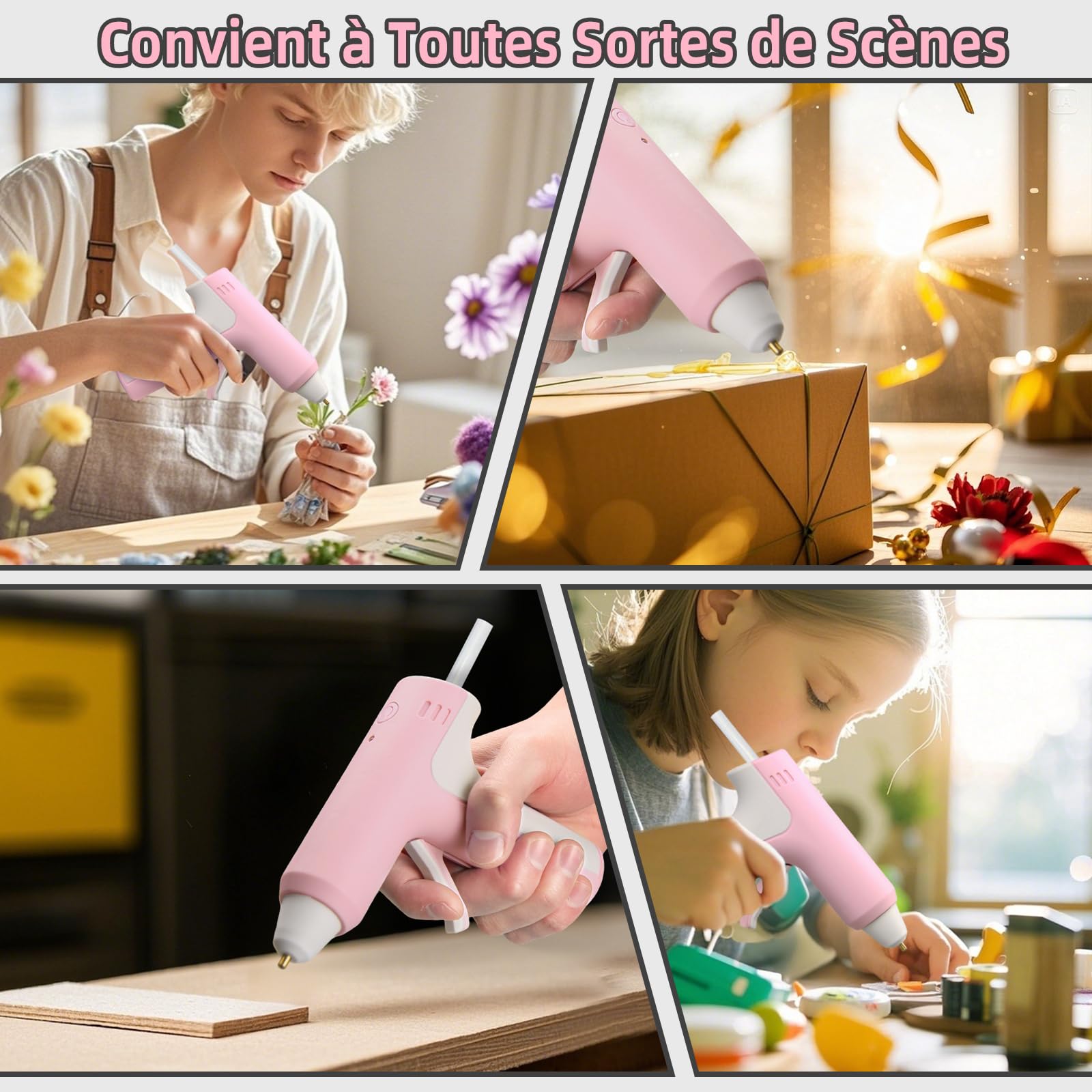 Pistolet à Colle Chaude sans Fil 4V avec 20 Bâtons de Colle, 25S de Préchauffage Rapide, Batterie Rechargeable 2000mAh Type-C, Arrêt Intelligent, pour L'art, Bricolage, Réparation, Rose
