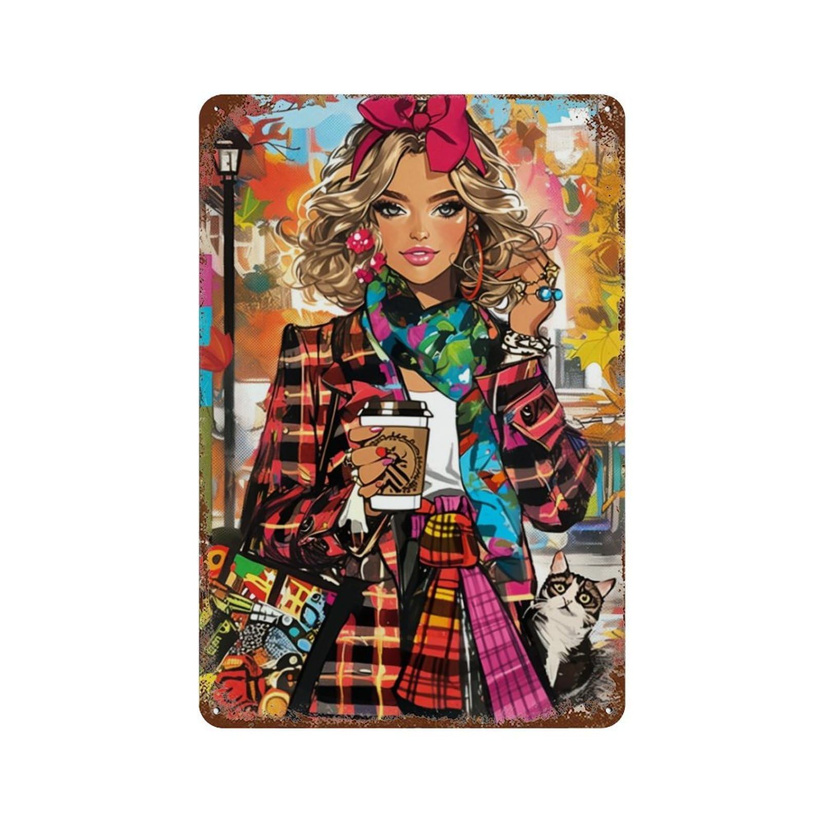 Autumn Fashionista with Coffee Distressed Metal Wall Sign 11.8"x7.9", for Basement, Hobby Room And Garage Decor, Shabby Chic Decor