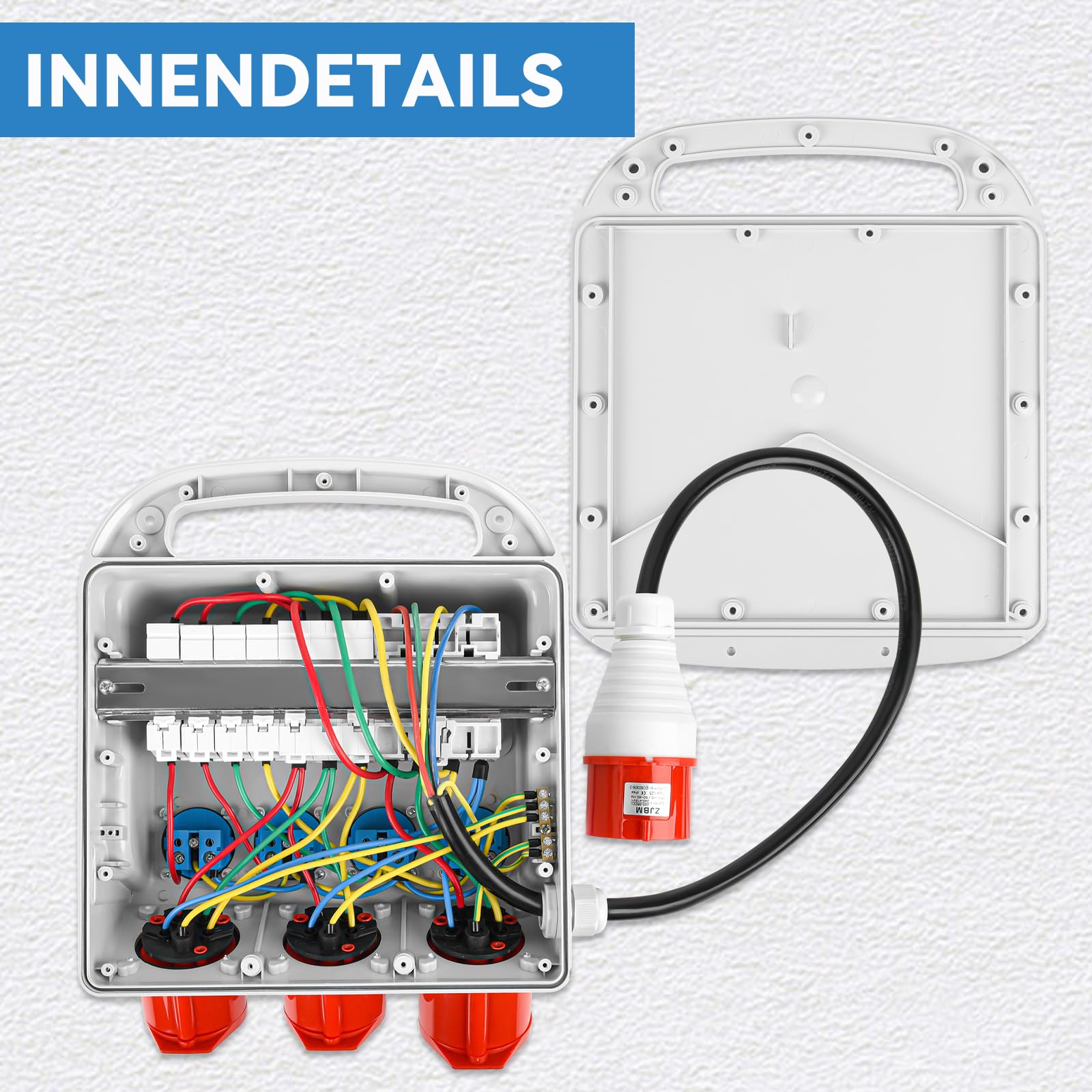 Distributore di corrente da parete, completamente cablato con 4 x 230 V Schuko, CEE 16 A e 32 A, interruttore FI, interruttore LS, alloggiamento impermeabile IP67, per esterni e officine
