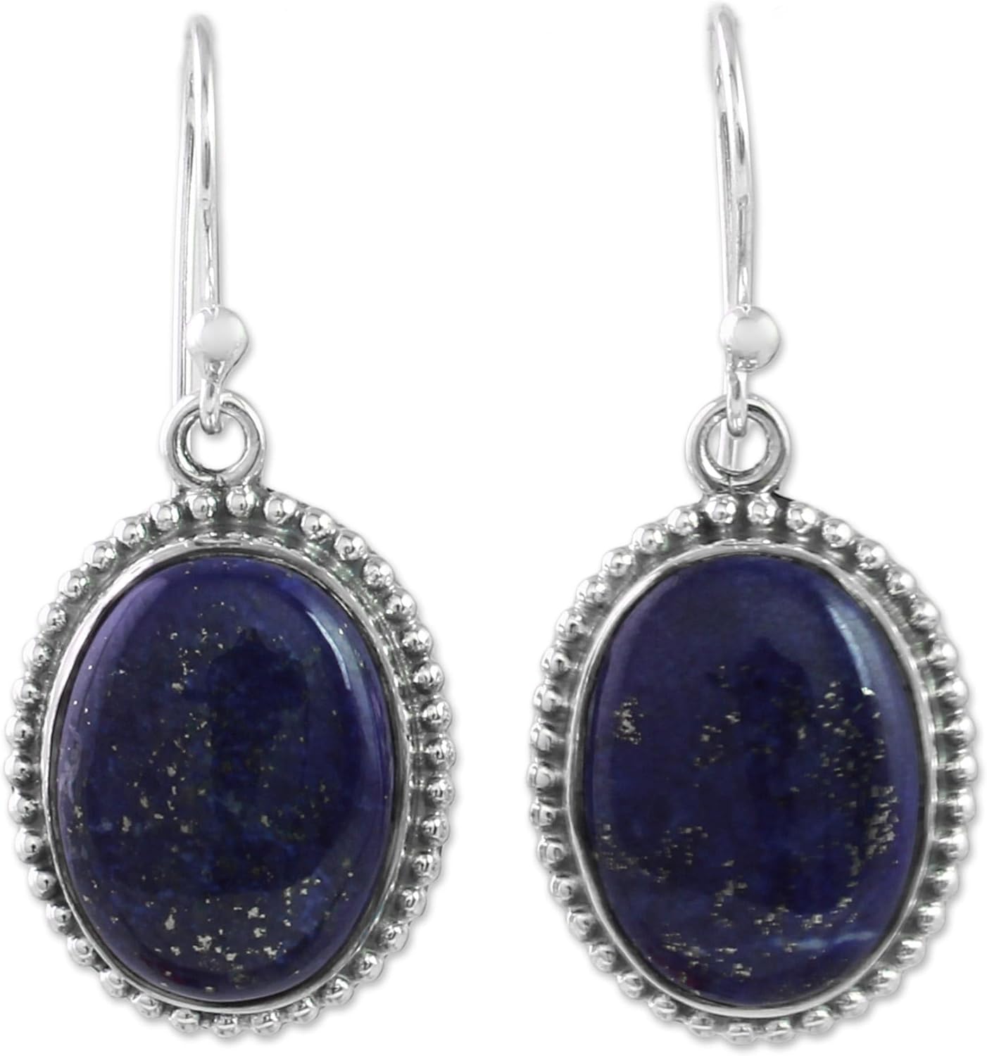 NOVICA Artisan Handmade Lapis Lazuli Dangle Earrings with Gold Colored Flecks Sterling Silver Blue Tone India Riverside Gemstone Birthstone [1.4 in L x 0.6 in W x 0.2 in D] ' Blue Royalty'