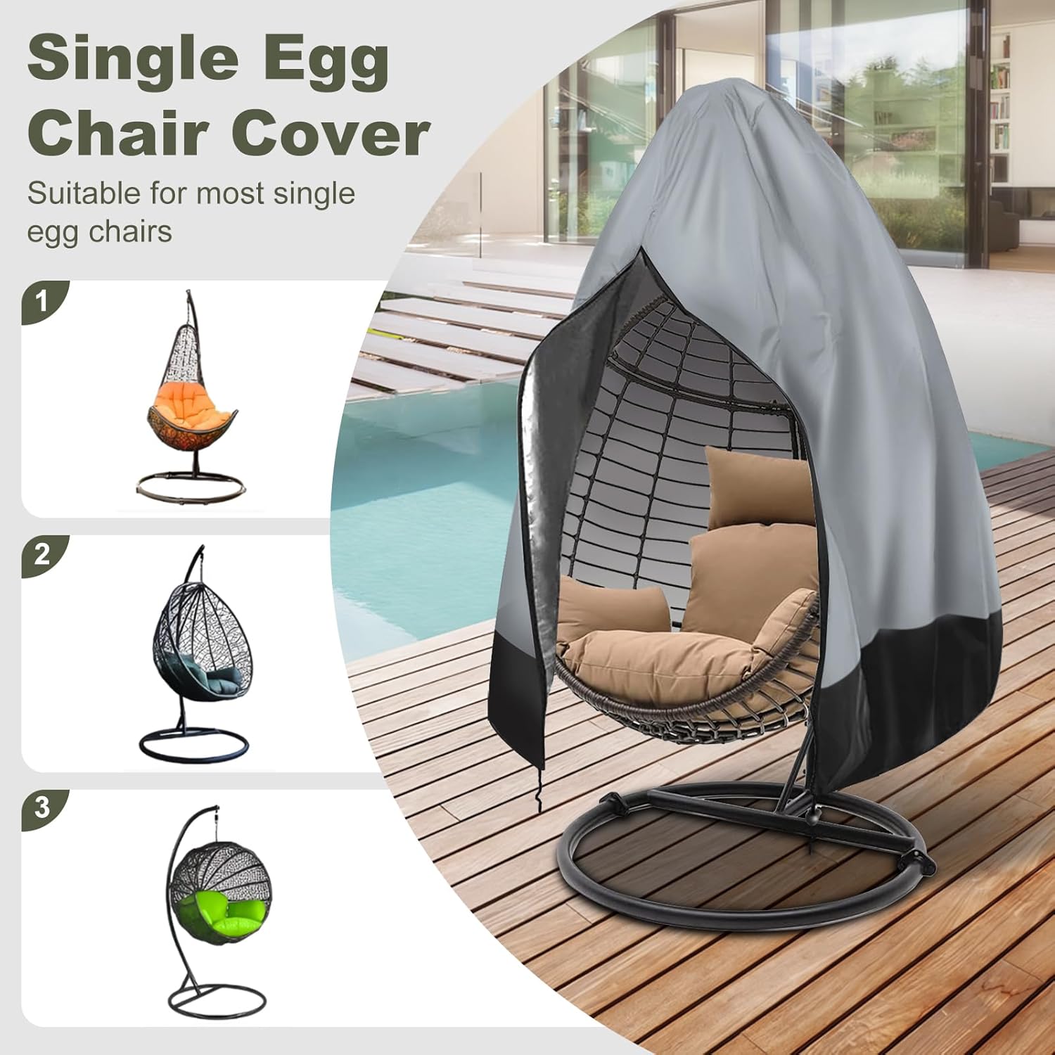 Outdoor Furniture Covers Waterproof, Patio Egg Chair Cover with Zipper,Outdoor Hanging Egg Chair Cover,UV Resistant, Windproof Heavy Duty,Wicker Egg Swing Chair Covers,Fits Single Seat Egg Chair, Gray