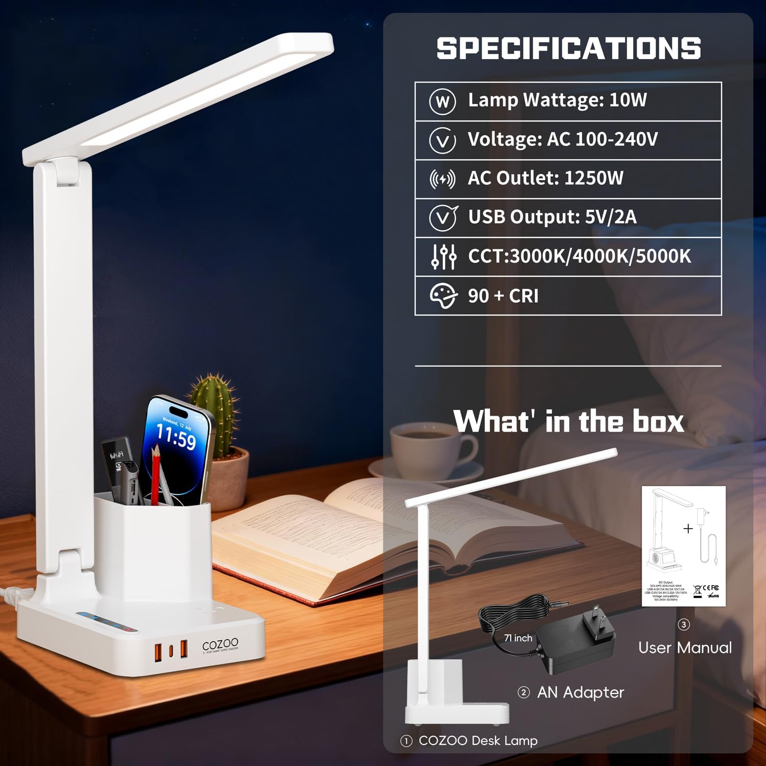 COZOO Dimmable Desk Table Lamp with Pen Holder/Organizer,Study LED Desk Lamp with USB Charging Port/Type C Port/Outlets/Storage Box/Touch,Kids Desk Reading Light for Students,Desk Lamp for Home Office