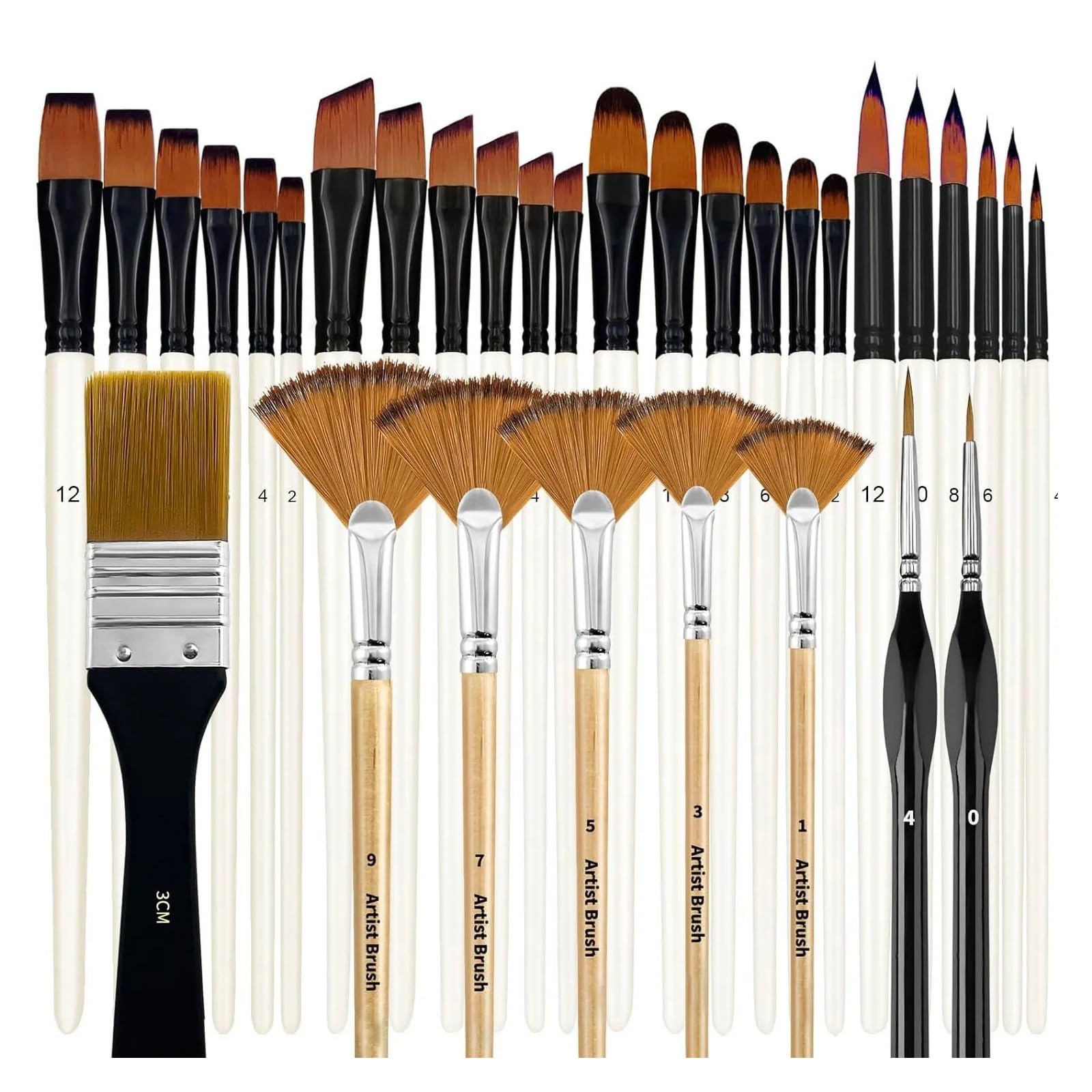Künstlerpinsel im Set 28/32-teiliges Pinselset, Künstlerserie, Nylonborsten mit runden, Filbert-, flachen, fächerförmigen und abgewinkelten Borsten, feinen Detailpinsel for Künstler(White)